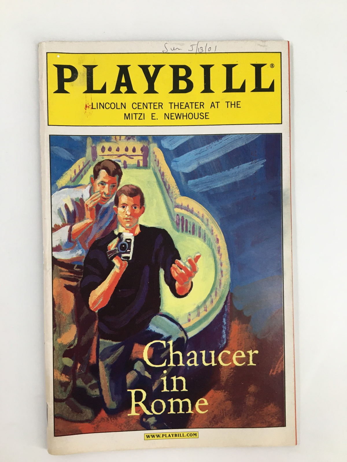 2001 Playbill for 'Chaucer in Rome' featuring Umit Celebi, showcasing a vibrant cover illustration from the Lincoln Center Theater at the Mitzi E. Newhouse.