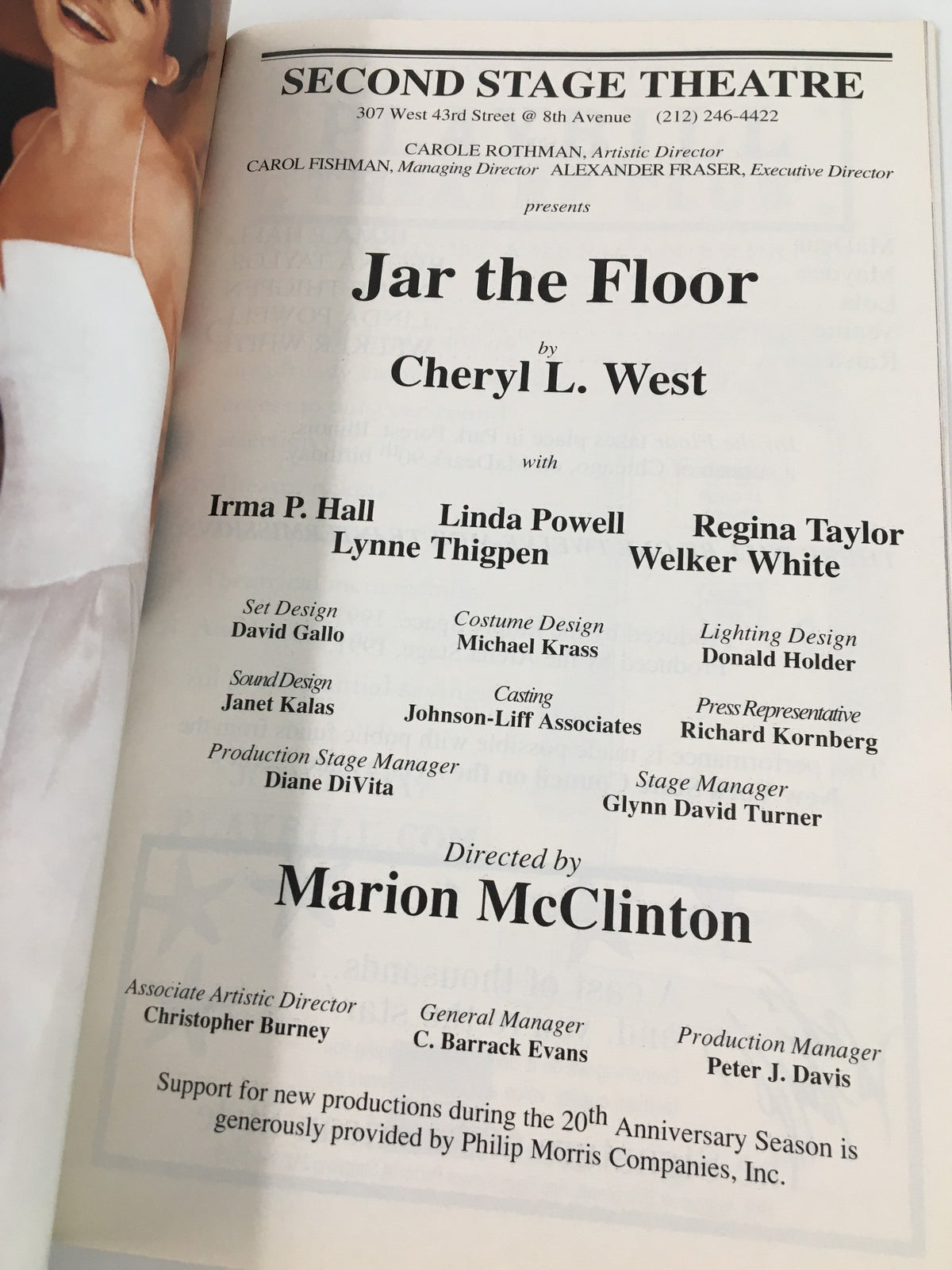 1999 Playbill for 'Jar the Floor' detailing the cast and crew, featuring Irma P. Hall, Linda Powell, and directed by Marion McClinton, showcasing theatrical credits from the Second Stage Theatre.