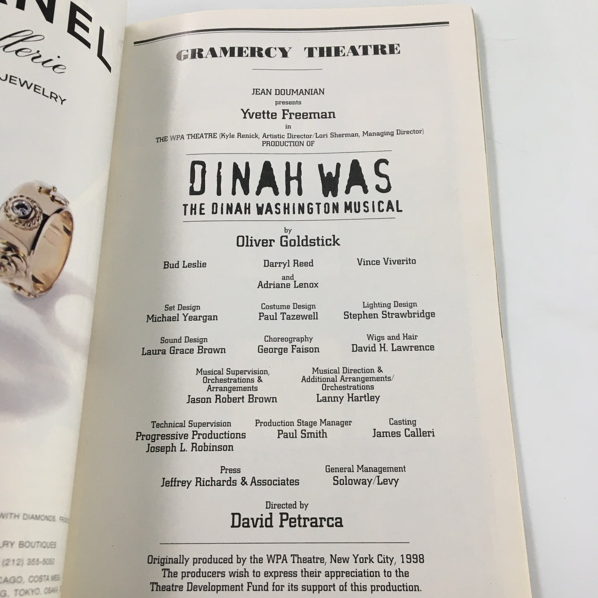 Production details page of the 1998 Playbill for Dinah Was: The Dinah Washington Musical, listing cast and creative team associated with the Gramercy Theatre performance.
