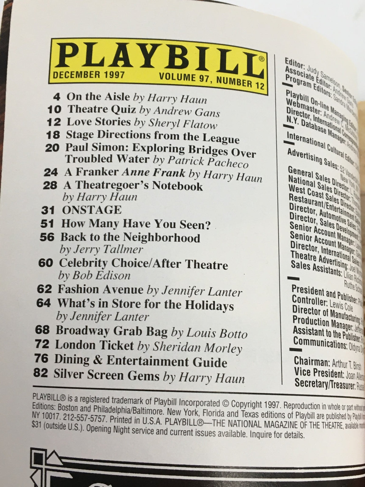 Inside content of the 1997 Playbill for 'Visiting Mr. Green,' displaying the table of contents and editorial details, enhancing its collectible value.