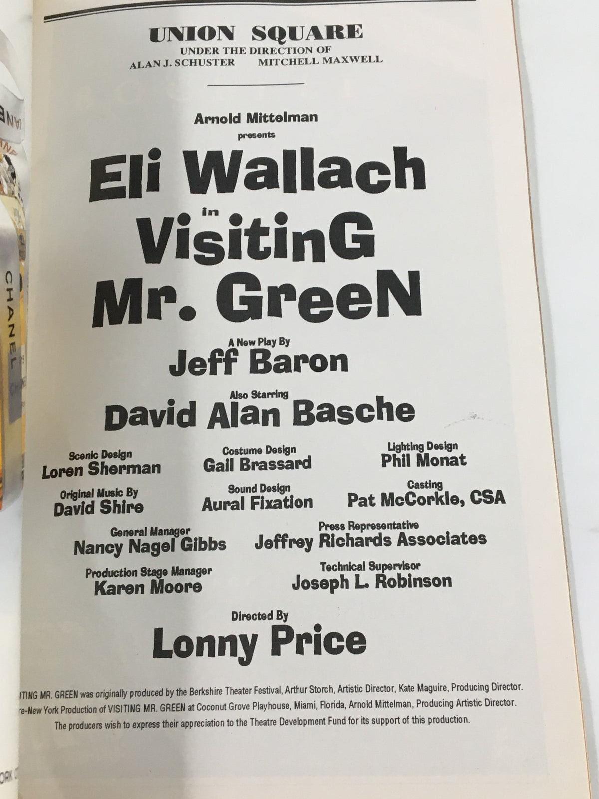 Page from the 1997 Playbill for 'Visiting Mr. Green' featuring Eli Wallach, showcasing production details and cast information, a memorable piece of theater history.