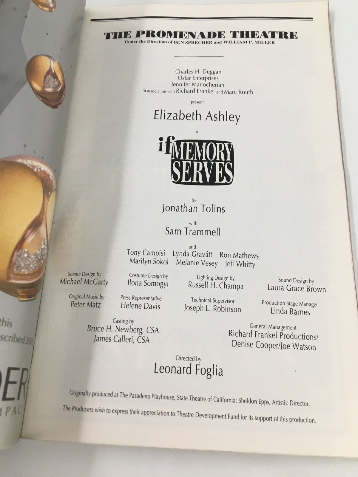 Title page of the 1999 Playbill for The Promenade Theatre featuring Elizabeth Ashley in "If Memory Serves" with details about the production and creative team.