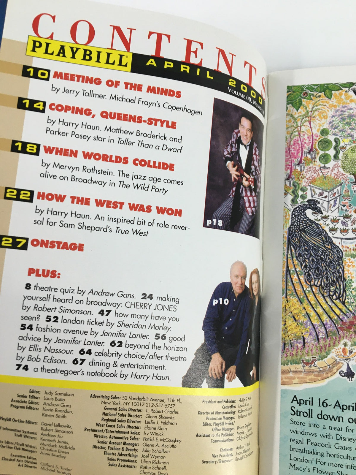 Contents page of the April 2000 Playbill, including feature articles and events.