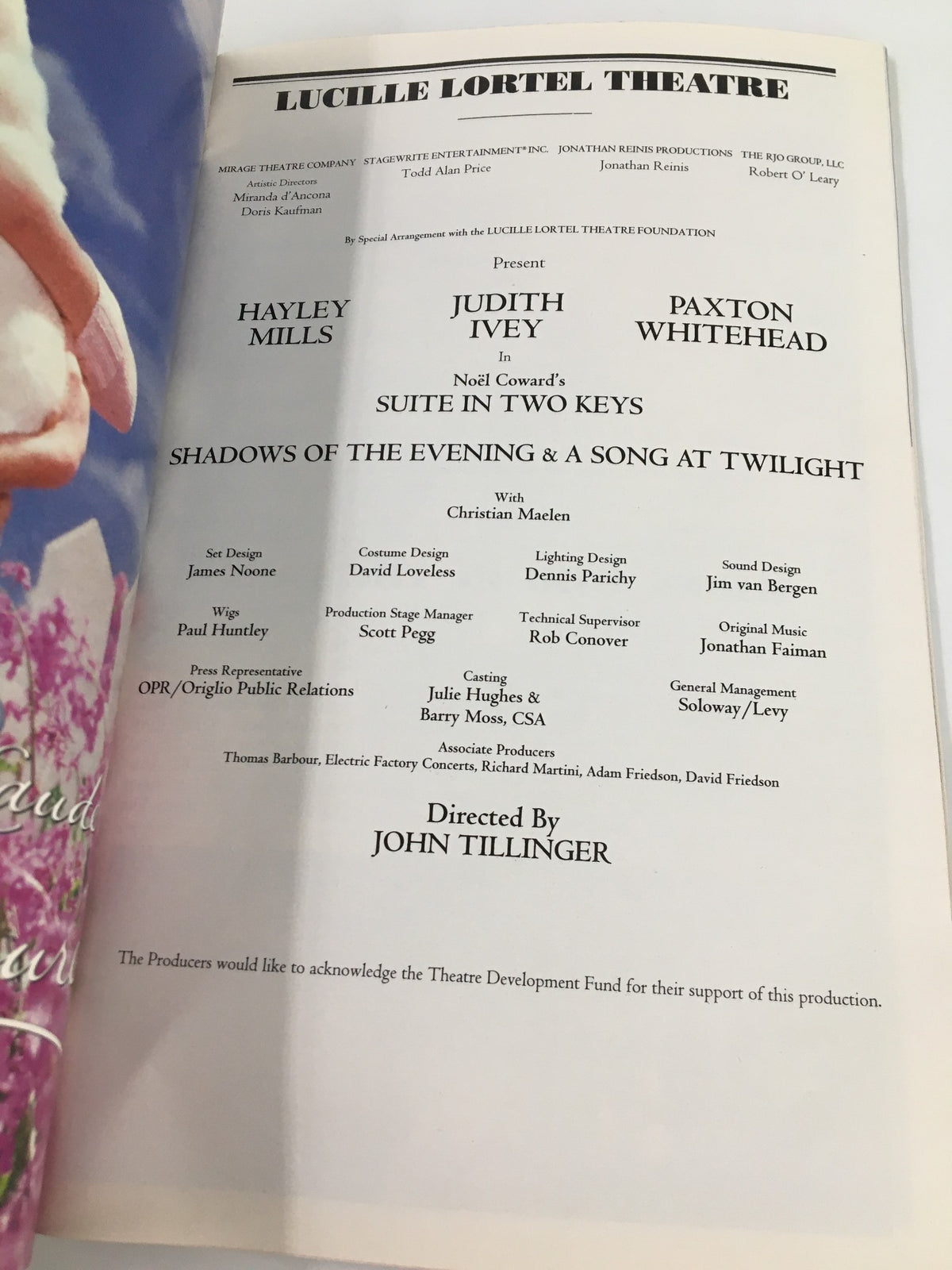 Inner page of the 2000 Playbill showcasing cast details for Suite in Two Keys with Hayley Mills.
