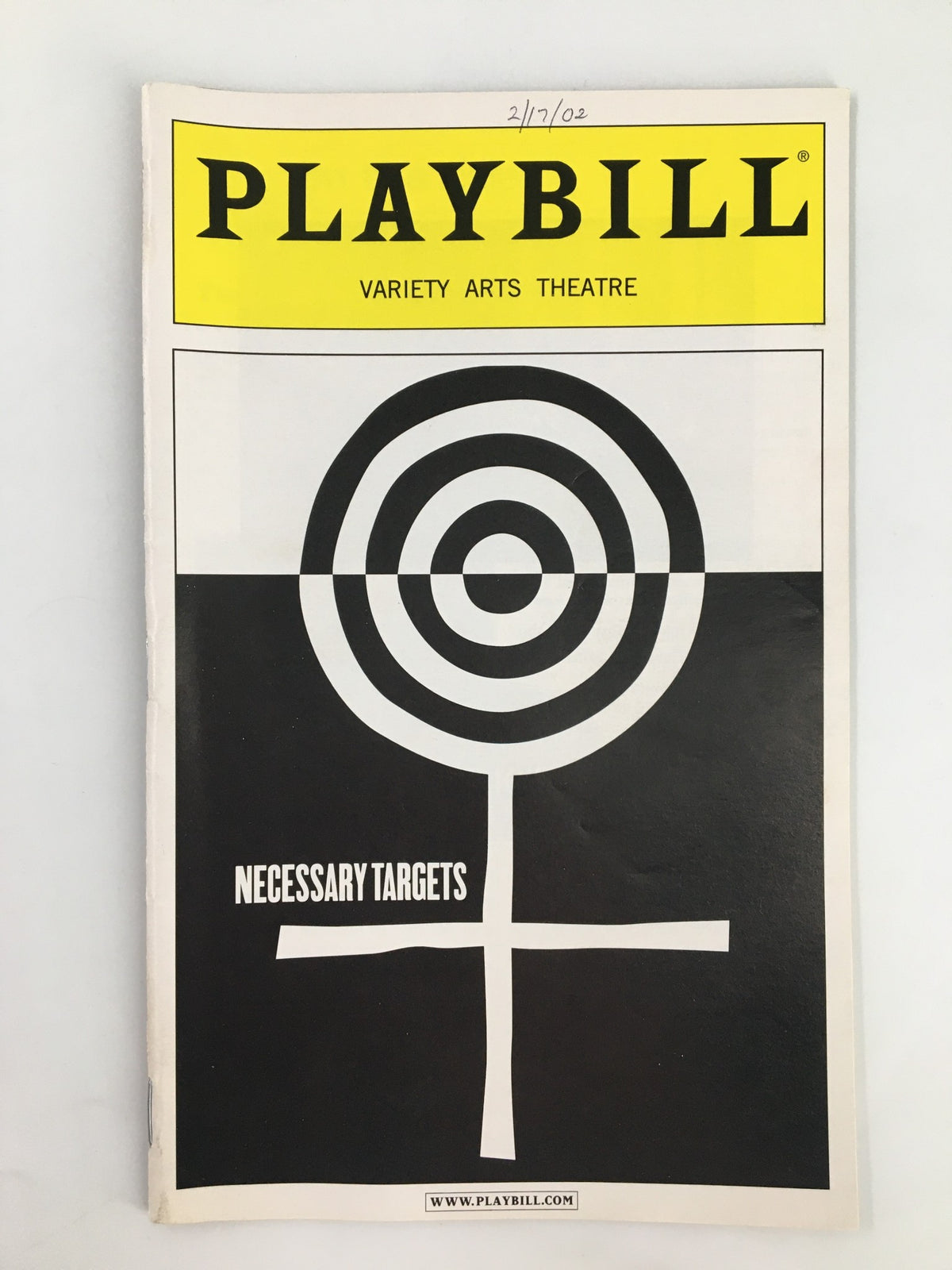 2002 Playbill for Necessary Targets featuring Shirley Knight at the Variety Arts Theatre, showcasing a distinctive black and white design with a target motif.