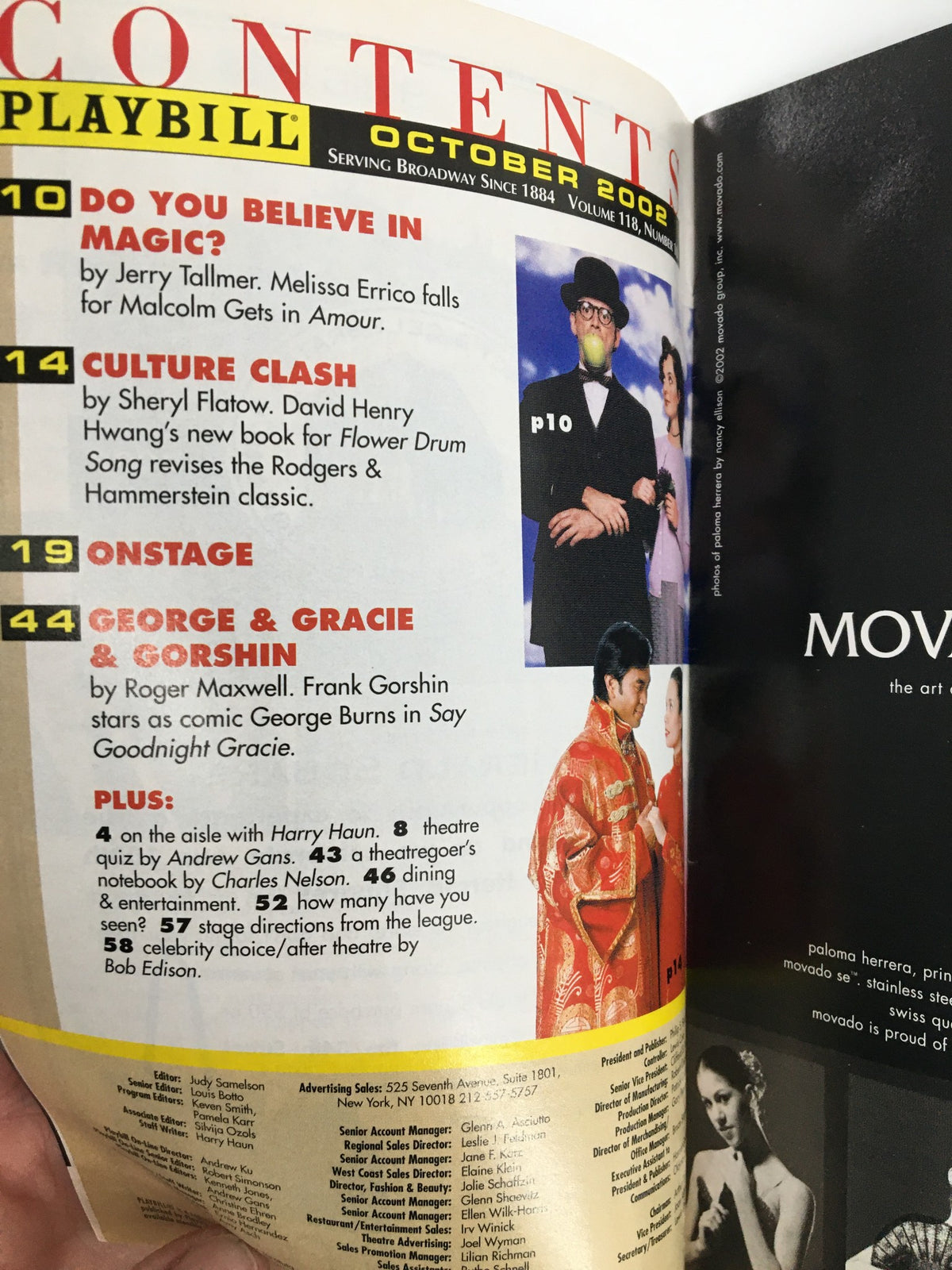 Contents page from the October 2002 Playbill, including details about the production of Franky and Johnny in The Clair de Lune.