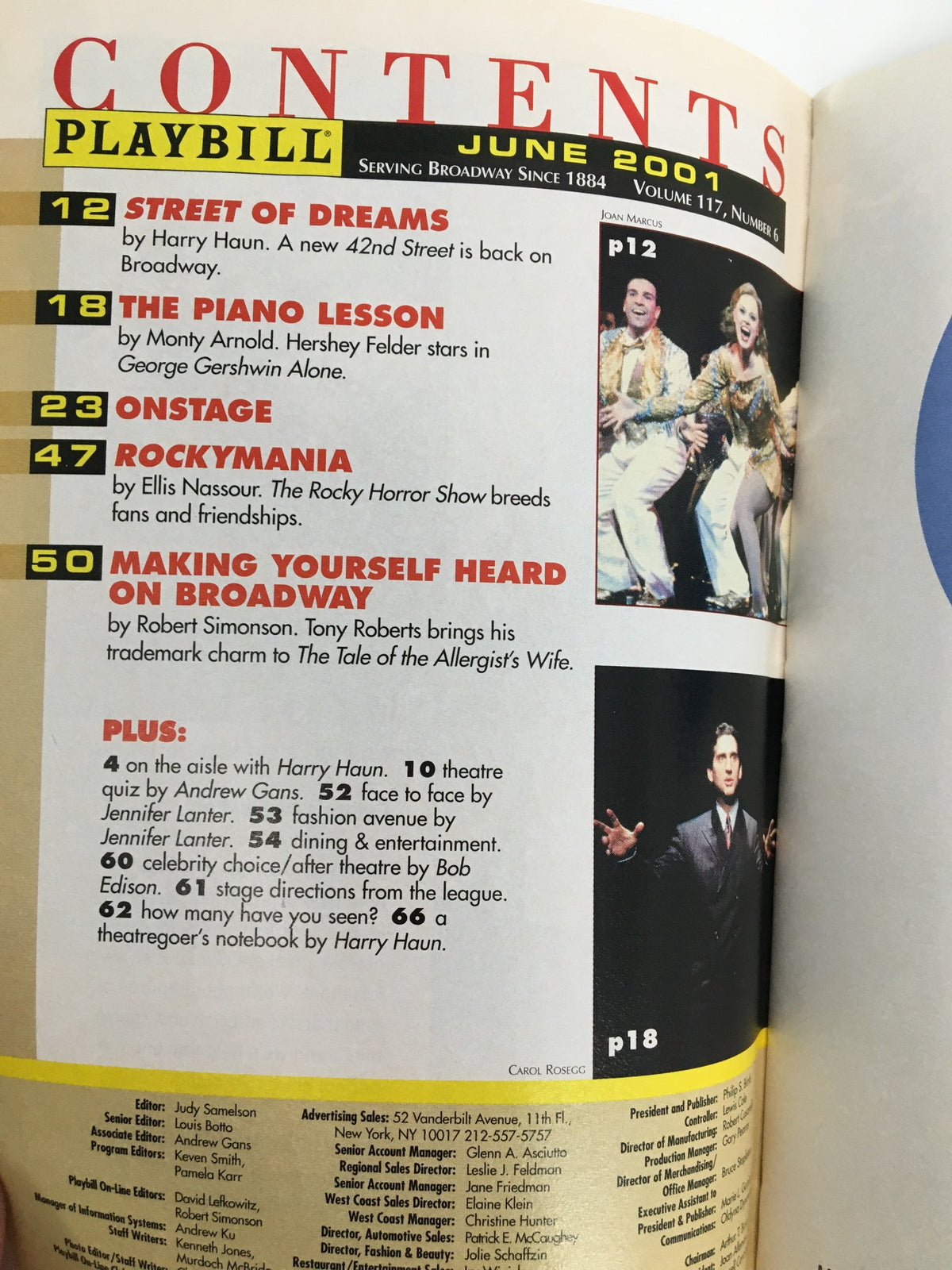 Contents page of the June 2001 Playbill, featuring articles and highlights related to Broadway productions, including the 2001 Playbill for Glimmer, Glimmer and Shine.