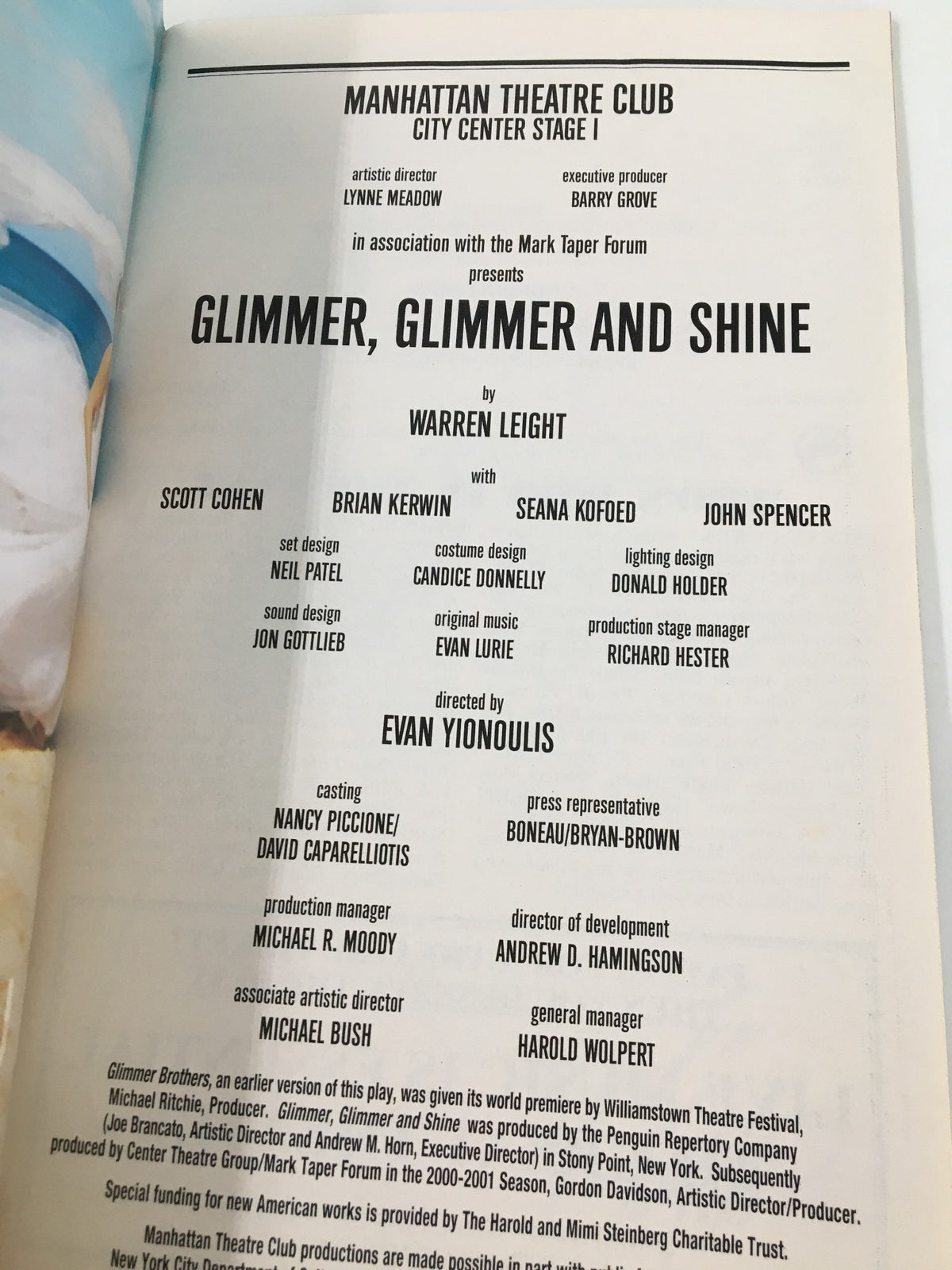 Inside page of the 2001 Playbill for Glimmer, Glimmer and Shine from the Manhattan Theatre Club, detailing cast and crew credits along with production information.