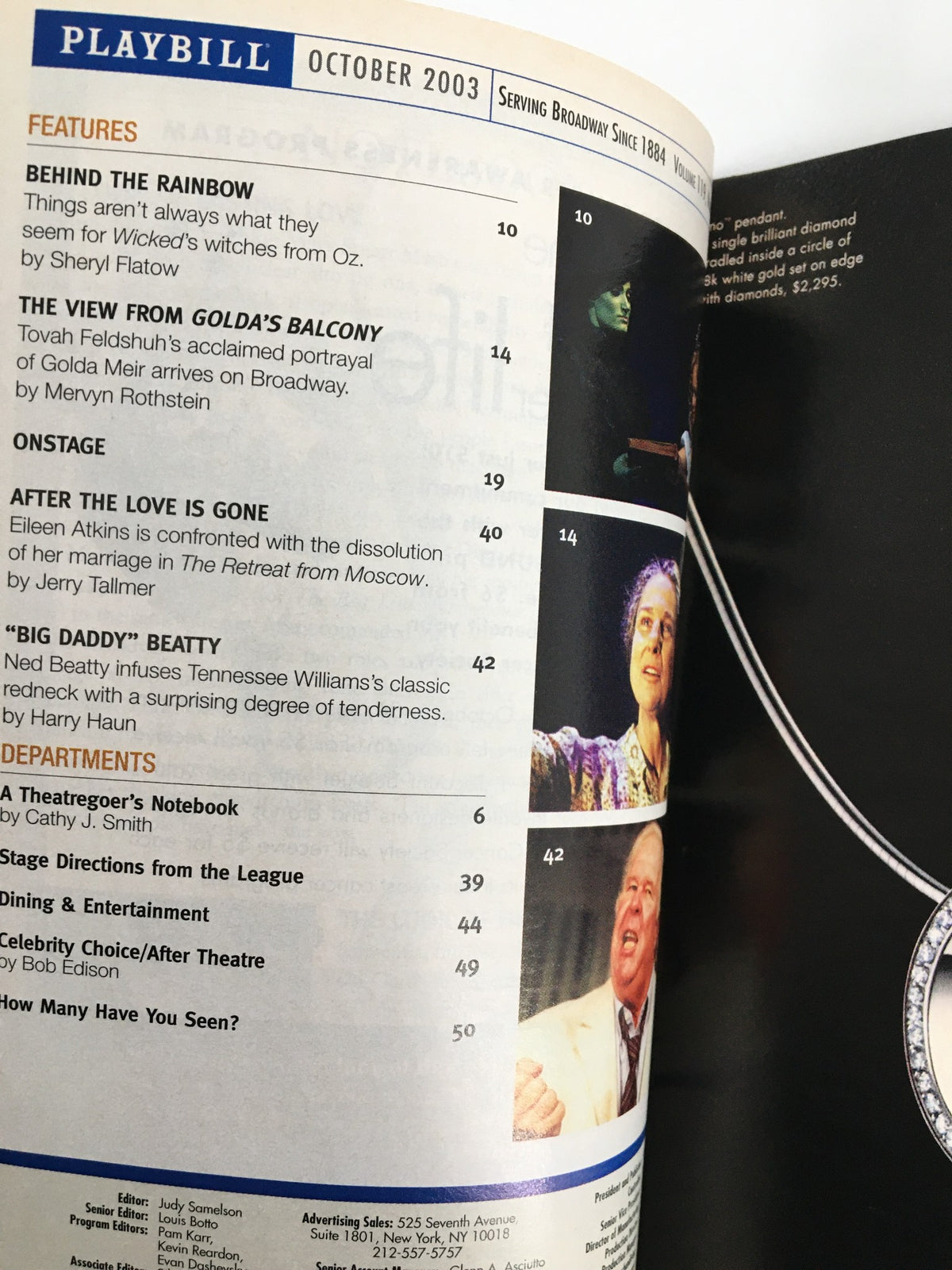 Inside page of the 2003 Playbill for 'Iron', detailing articles and advertisements related to Broadway productions.