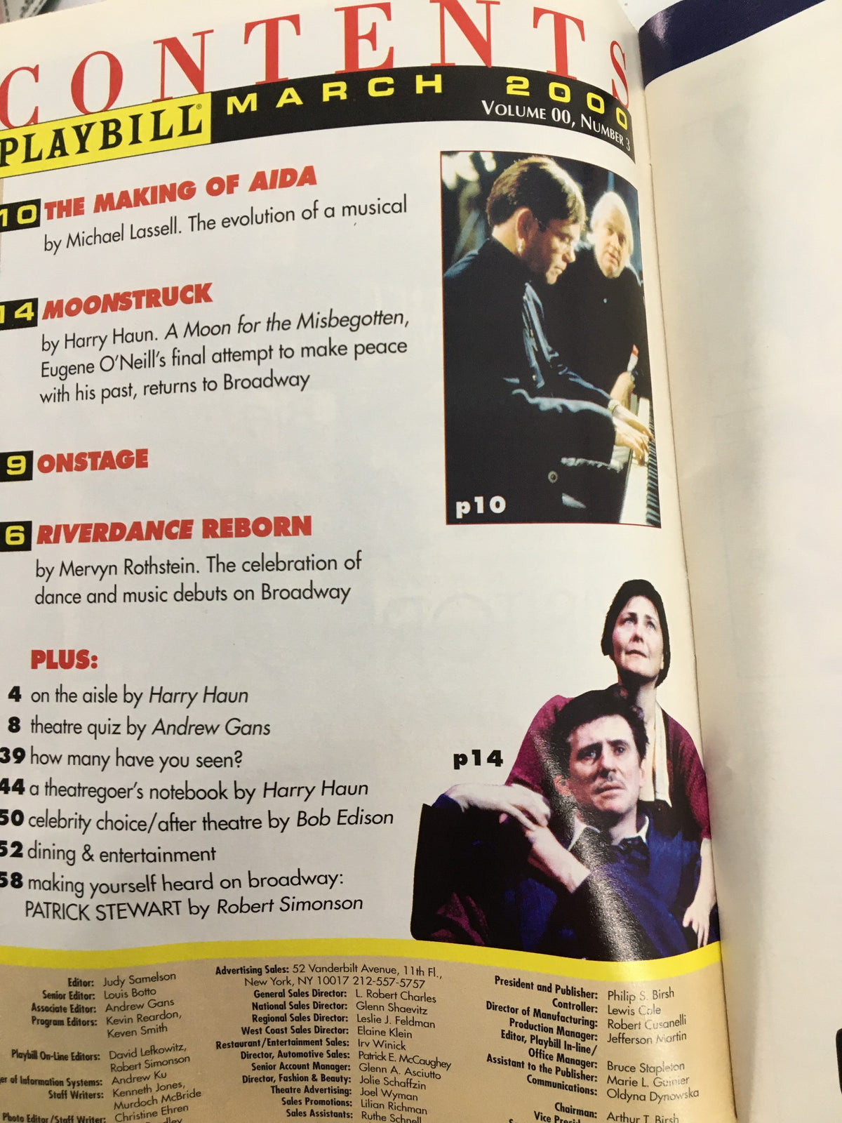 March 2000 Playbill contents page, featuring various articles and listings related to theatrical performances.