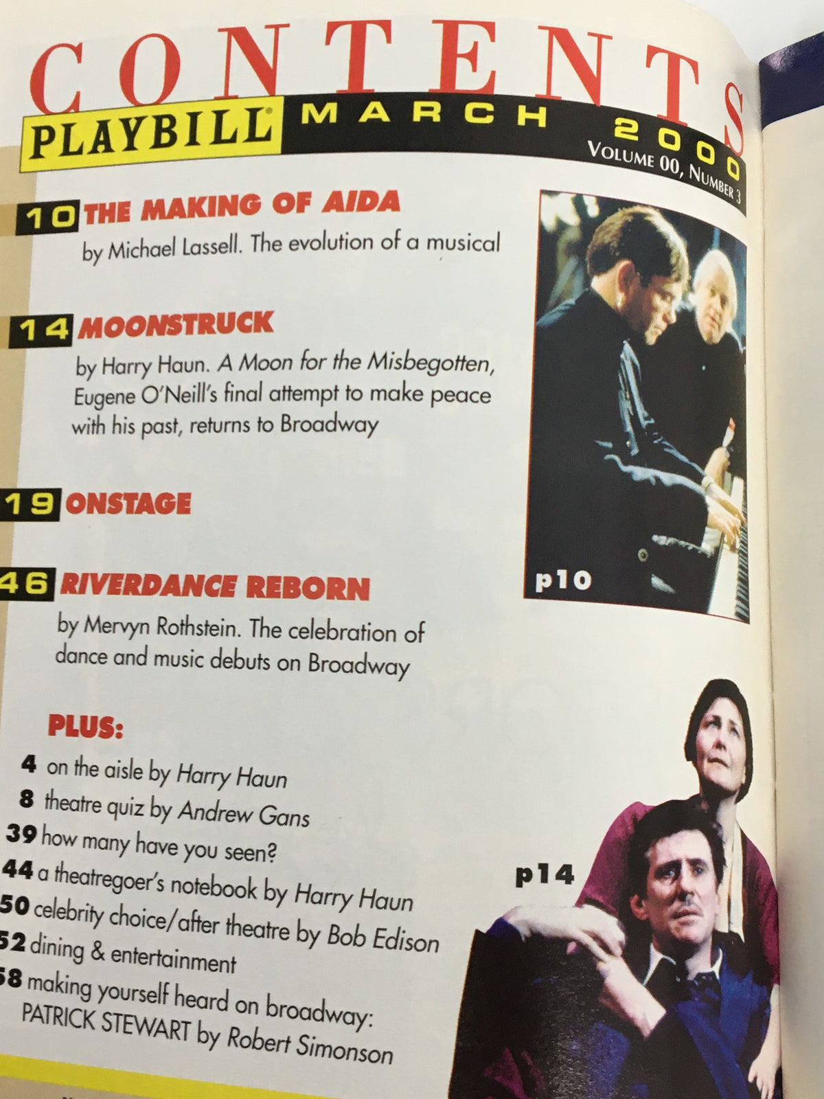 March 2000 Playbill contents page featuring theatrical productions including Cherry Jones in A Moon for the Misbegotten at Walter Kerr Theatre.