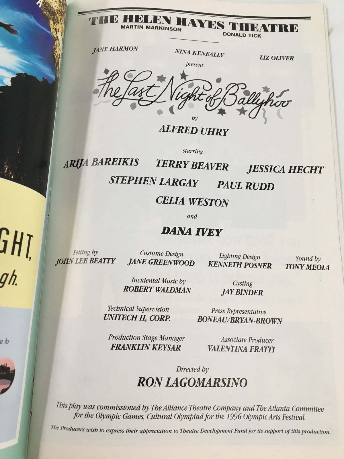 Page from the 1991 Playbill The Helen Hayes Theatre listing the cast and crew of 'The Last Night of Ballyhoo,' including Paul Rudd.