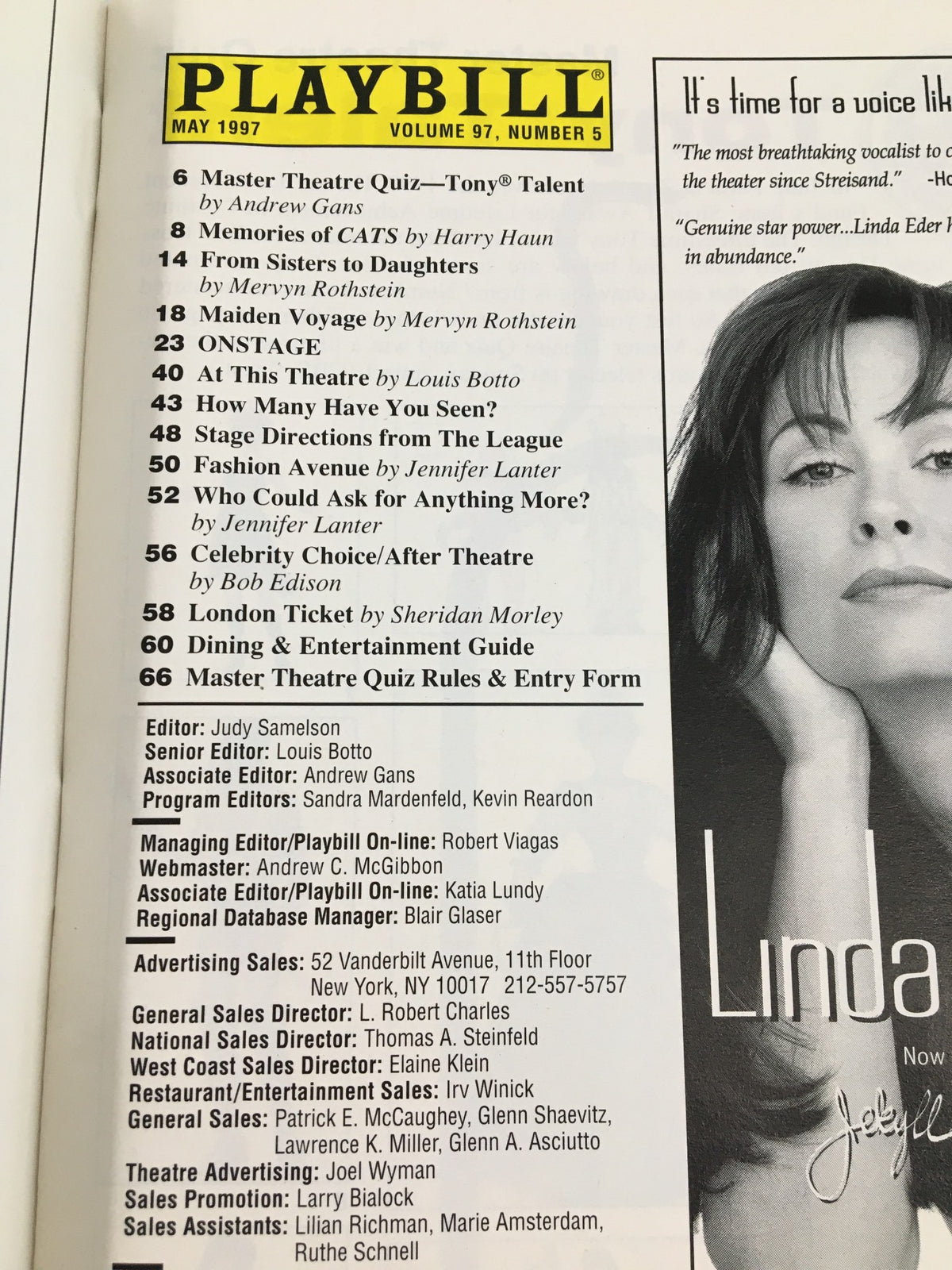 Interior page of the 1997 Playbill, Volume 97, Number 5, containing theatre listings and articles related to Broadway, including The Young Man From Atlanta.