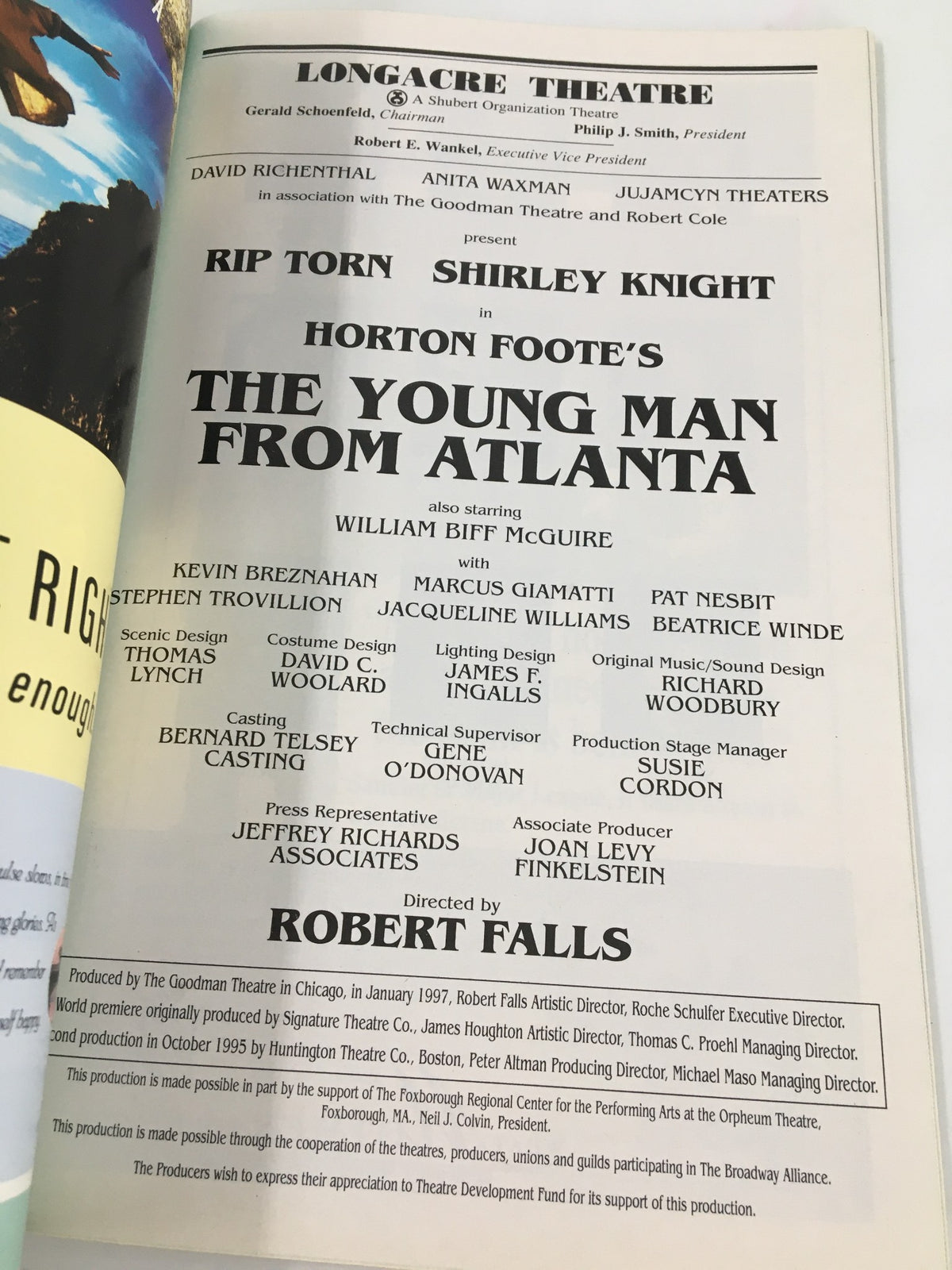Cast list page from the 1997 Playbill for The Young Man From Atlanta at Longacre Theatre, featuring Rip Torn and other cast members.