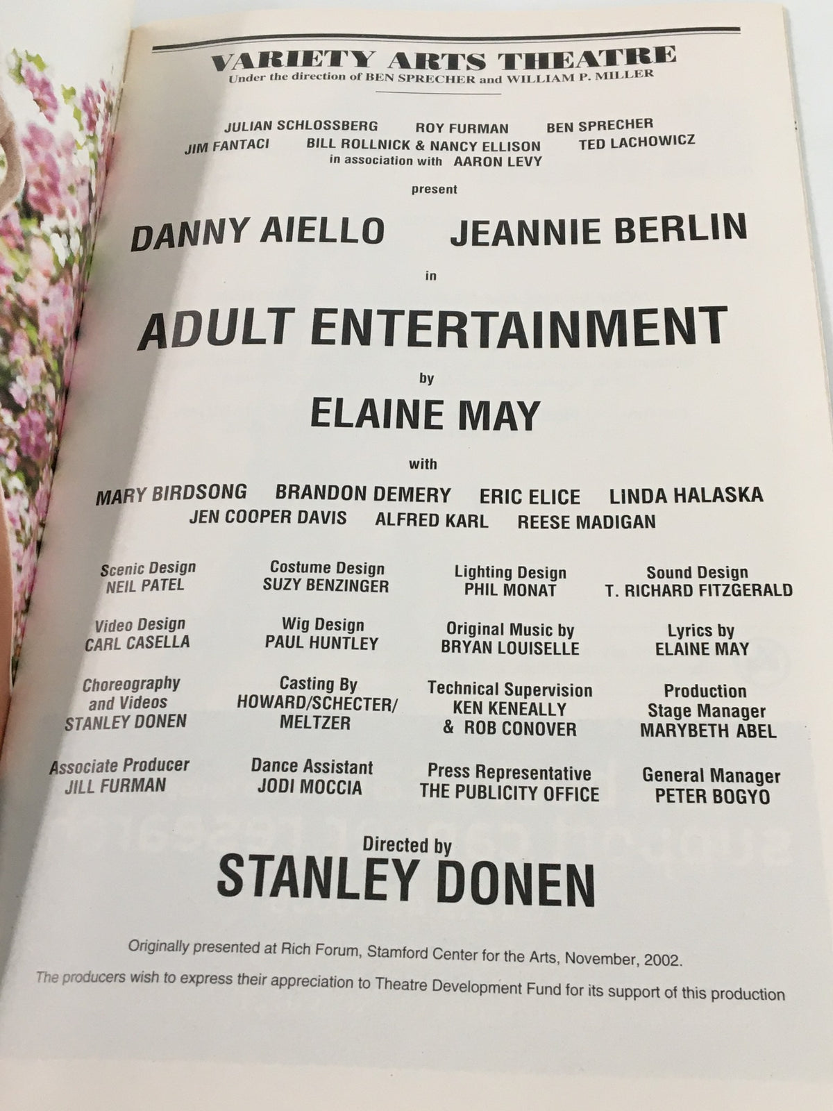 Cast and production details of 'Adult Entertainment' from the 2003 Playbill at Variety Arts Theatre featuring Danny Aiello and Jeannie Berlin.