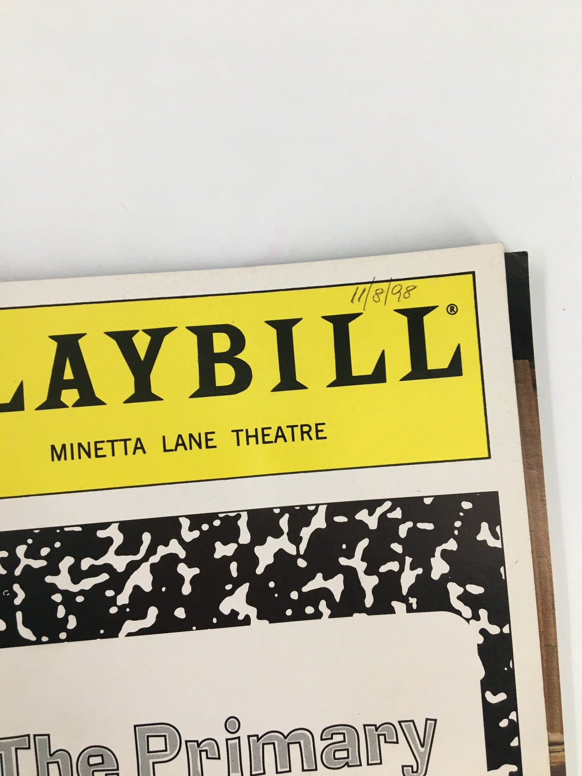 1998 Playbill featuring Diane Cheng in The Primary English Class at Minetta Lane Theatre showing the cover with bright yellow title and performance date.