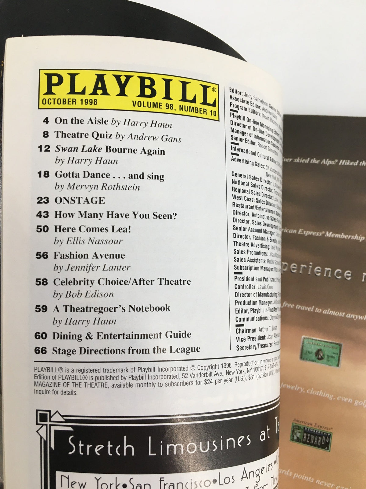 Inside page of the 1998 Playbill showcasing the table of contents including Theater Quiz and various articles related to theatrical history.