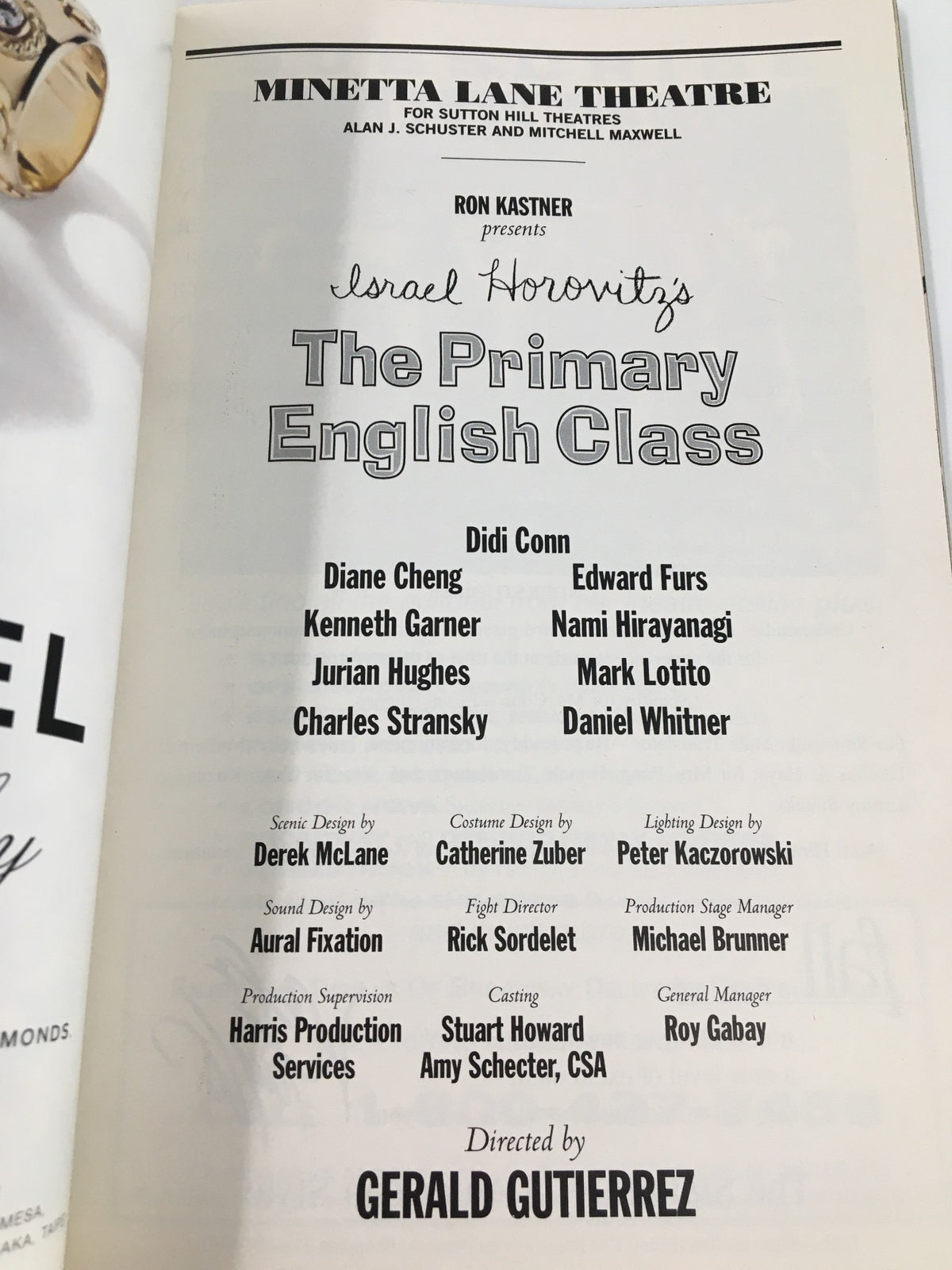 Cast and crew page of the 1998 Playbill for The Primary English Class, listing Diane Cheng and other performers at the Minetta Lane Theatre.