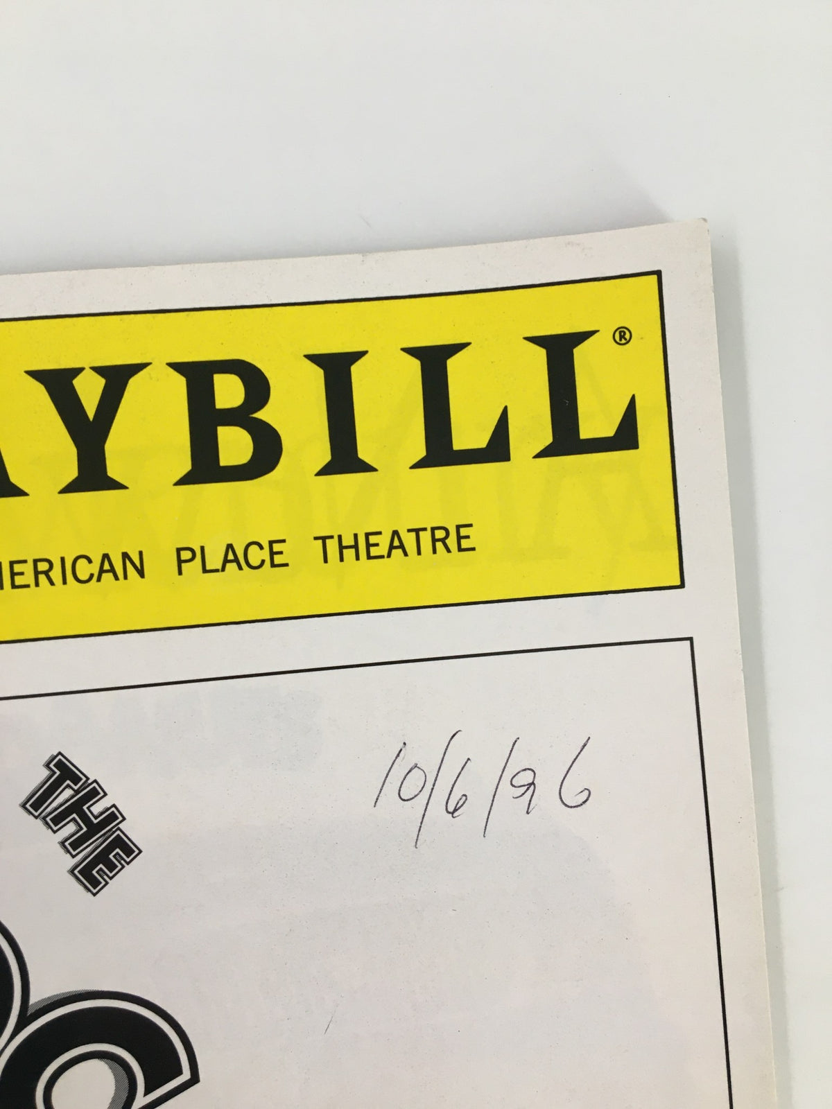 Close-up of the date written on the 1996 Playbill for The Cocoanuts at The American Palace Theatre, referencing October 6, 1996.