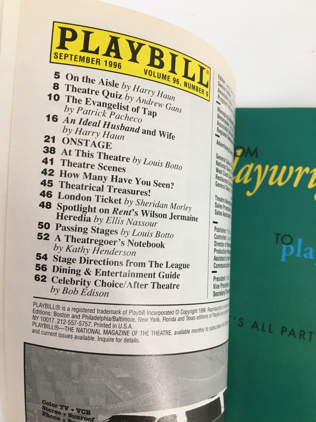 Inside page of the 1996 Playbill for The Cocoanuts at The American Palace Theatre, featuring program listings including plays and actors.