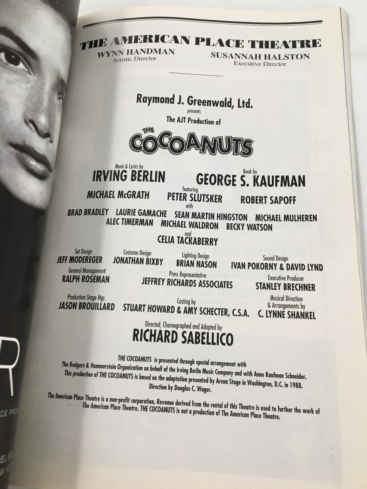 Full cast and production details of The Cocoanuts, featuring Michael McGrath, in the 1996 Playbill at The American Palace Theatre.