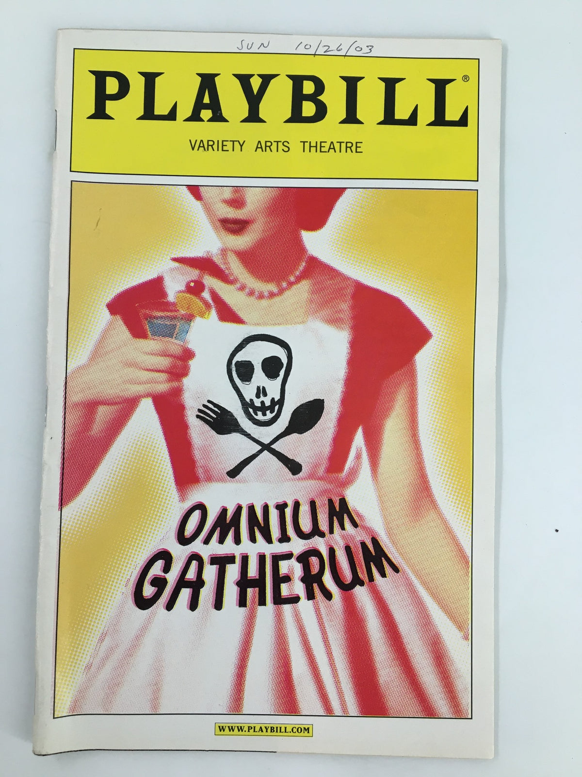 2003 Playbill for Omnium Gatherum at Variety Arts Theatre featuring a colorful cover with a skull and ice cream cone illustration.