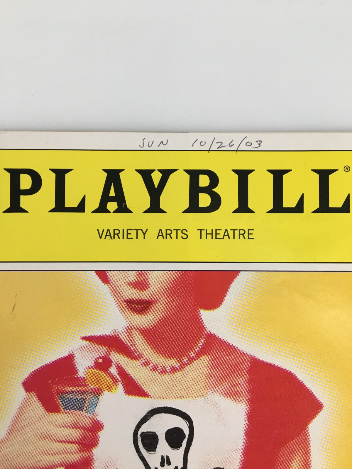 Close-up of the 2003 Playbill for Omnium Gatherum at Variety Arts Theatre displaying title and date.