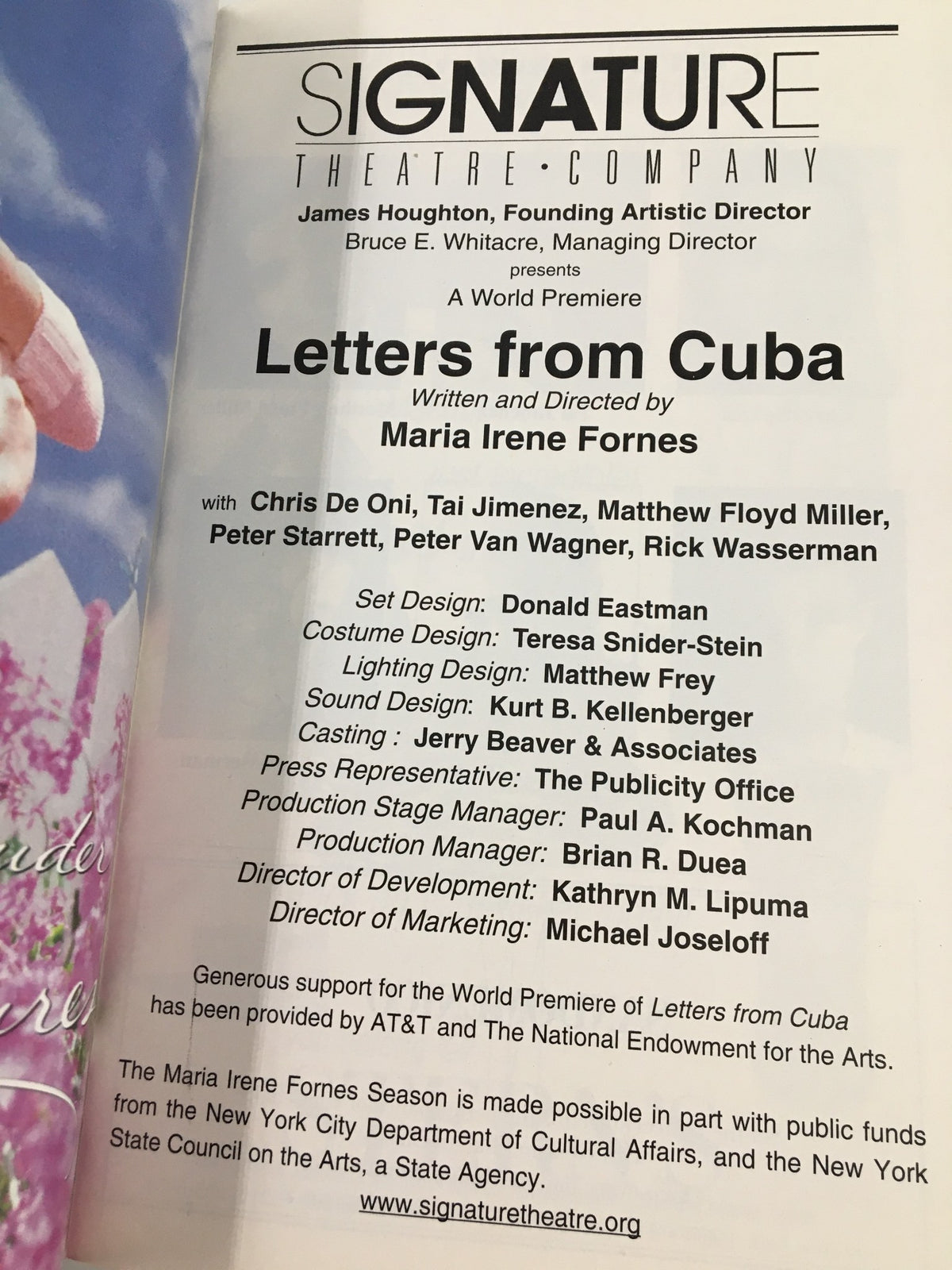 2000 Playbill from Signature Theatre Company featuring Chris De Oni in Letters from Cuba, showcasing the cast and artistic team details of the production.