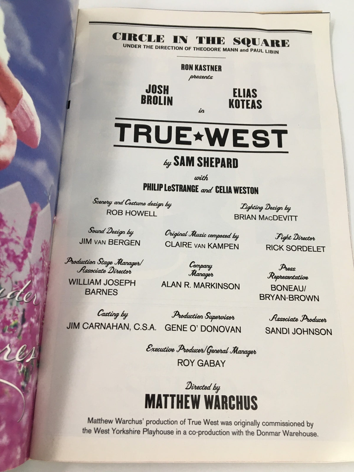 Production credits page for True West in the 2000 Playbill, listing cast members Josh Brolin and Elias Koteas along with production team details.