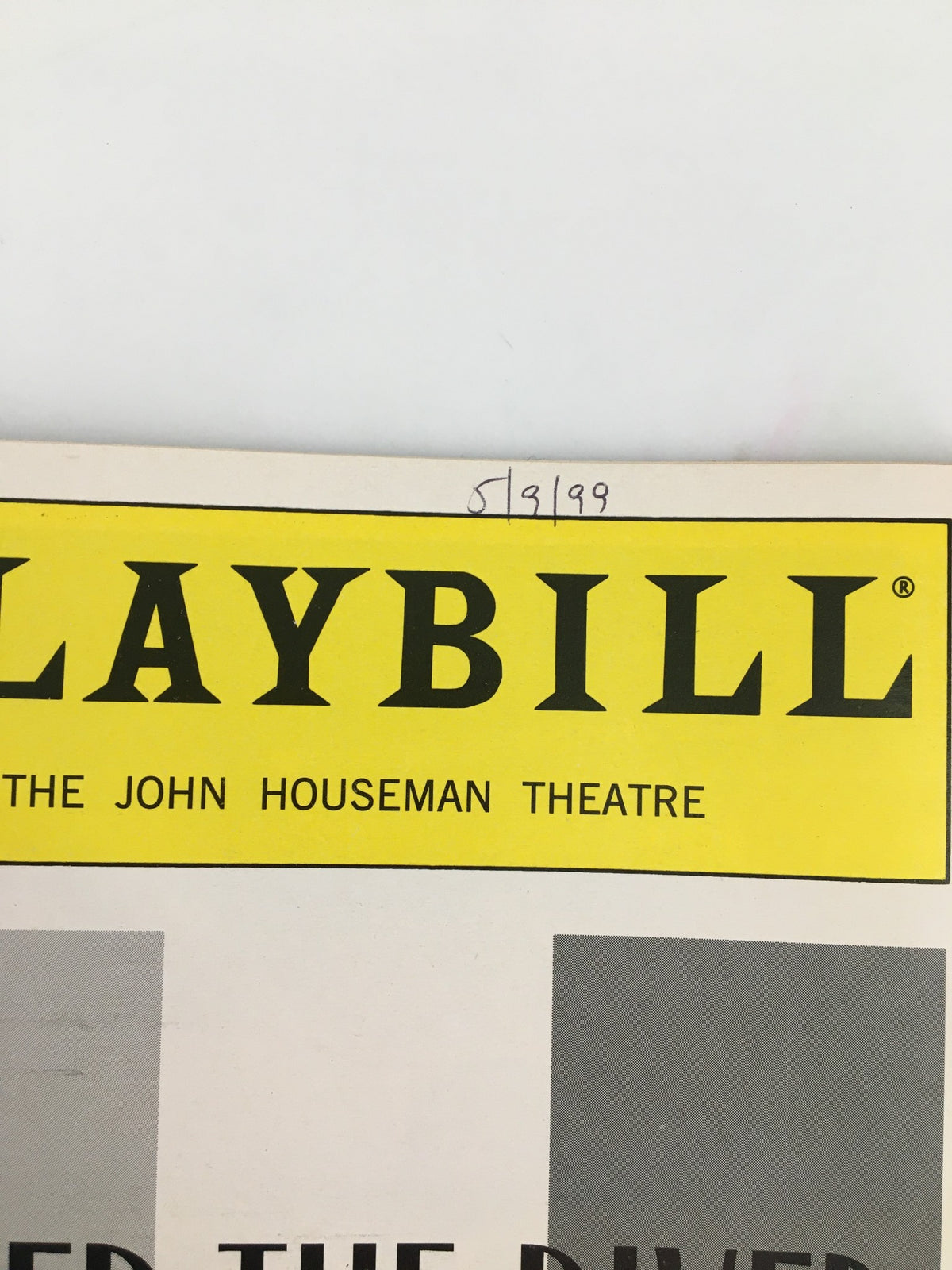 Close-up of the top section of the 1999 Playbill for Over the River and Through the Woods, highlighting the John Houseman Theatre branding and date.