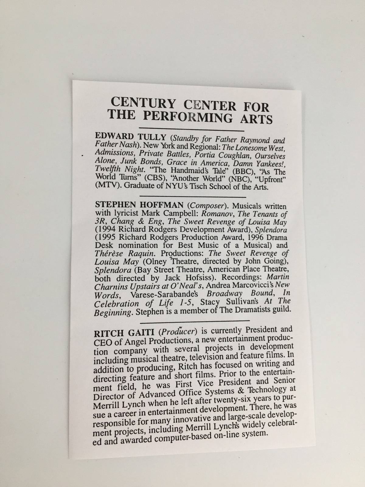 Century Center for the Performing Arts program page featuring details and credits for the production of 'Avow' starring Jane Powell, 2000 Playbill.