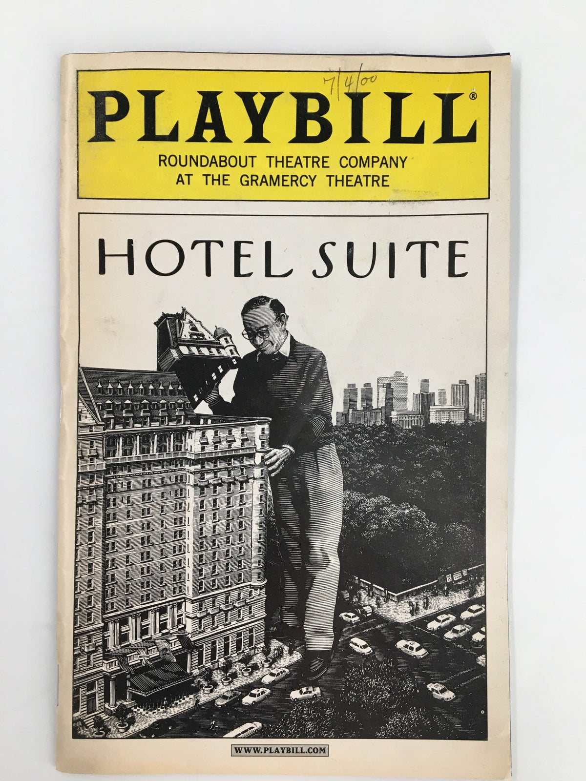 2000 Playbill from Gramercy Theatre for the play Hotel Suite, featuring iconic imagery and design.