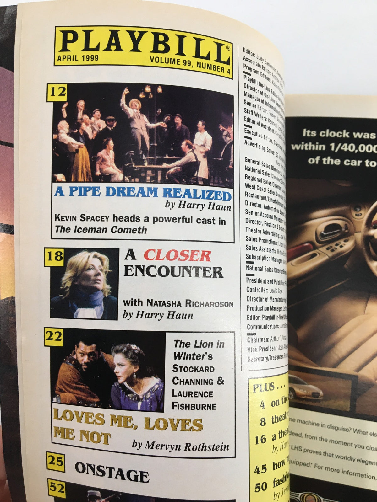 Inside page of the 1999 Playbill, highlighting other productions including 'A Pipe Dream Realized' and 'A Closer Encounter'.