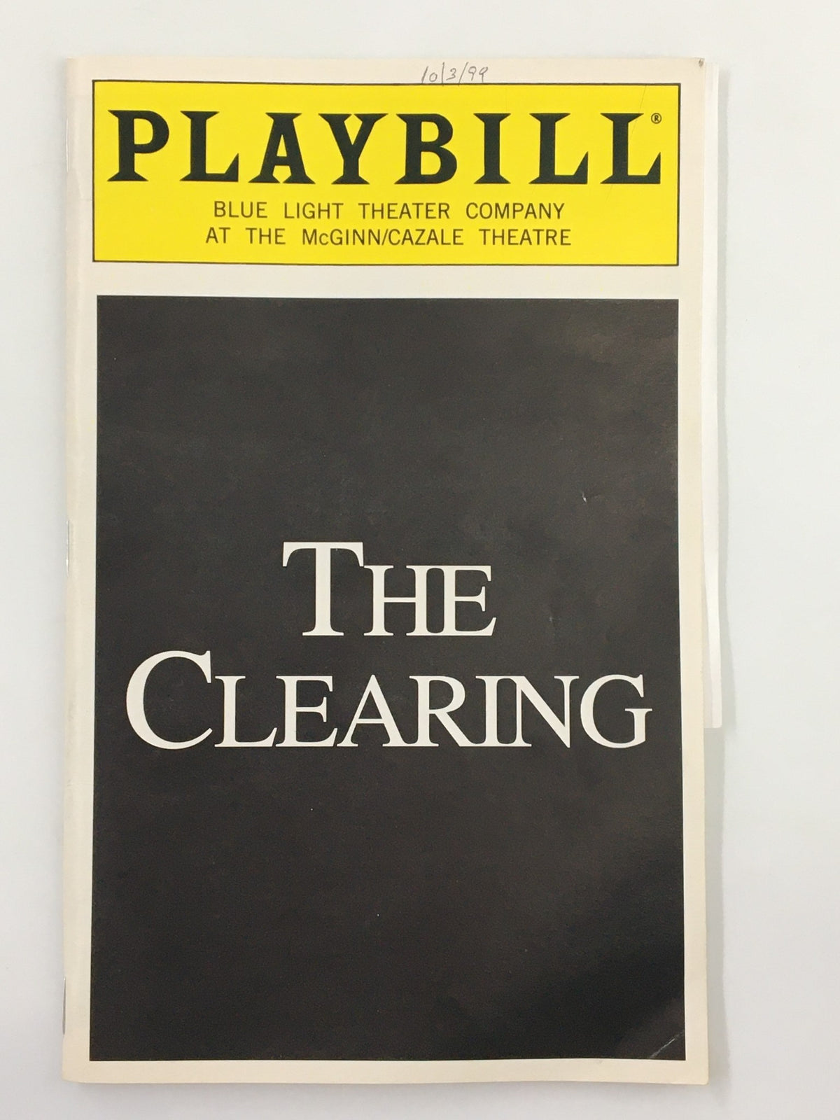 1999 Playbill for The Clearing at the McGinn/Cazale Theatre featuring the title prominently on the cover.