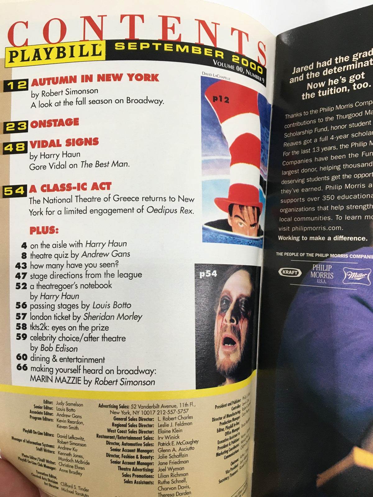 2000 Playbill Virginia Theatre - Contents page featuring articles such as 'Autumn in New York' and 'A Class-ic Act', associated with Gore Vidal's The Best Man.
