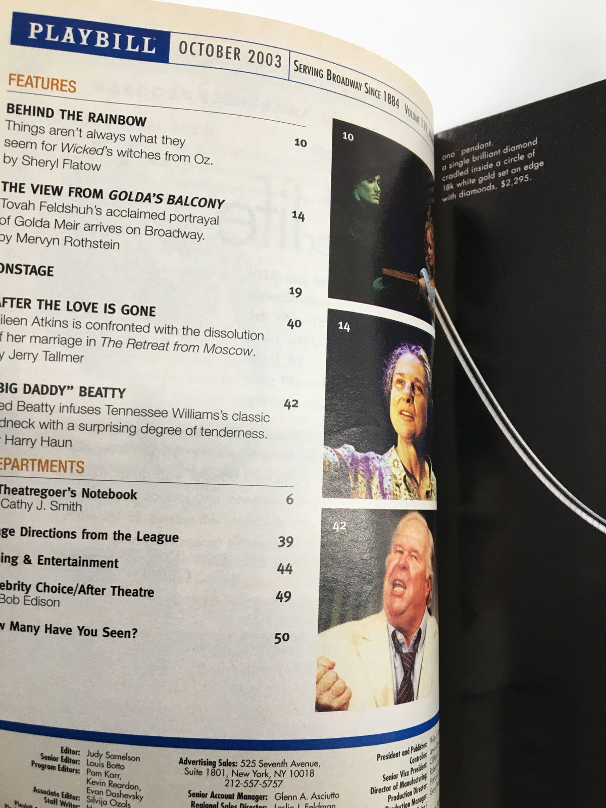 Inside page of the 2003 Playbill for 'Rounding Third,' showcasing features and advertisements from theater productions, including details from October 2003.