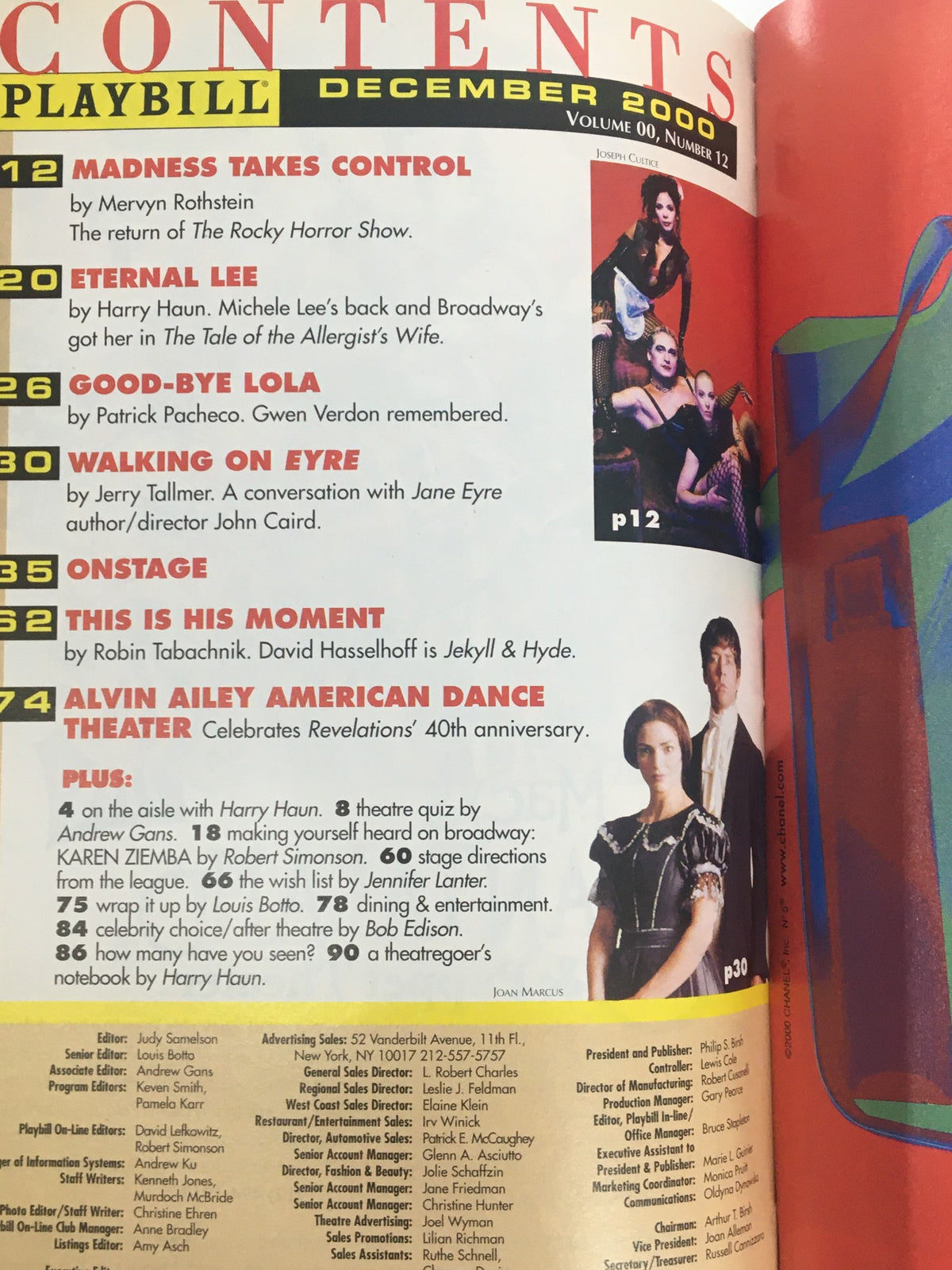 Table of contents from the December 2000 Playbill, featuring the title 'Down The Garden Paths' starring Eli Wallach at the Minetta Lane Theatre.