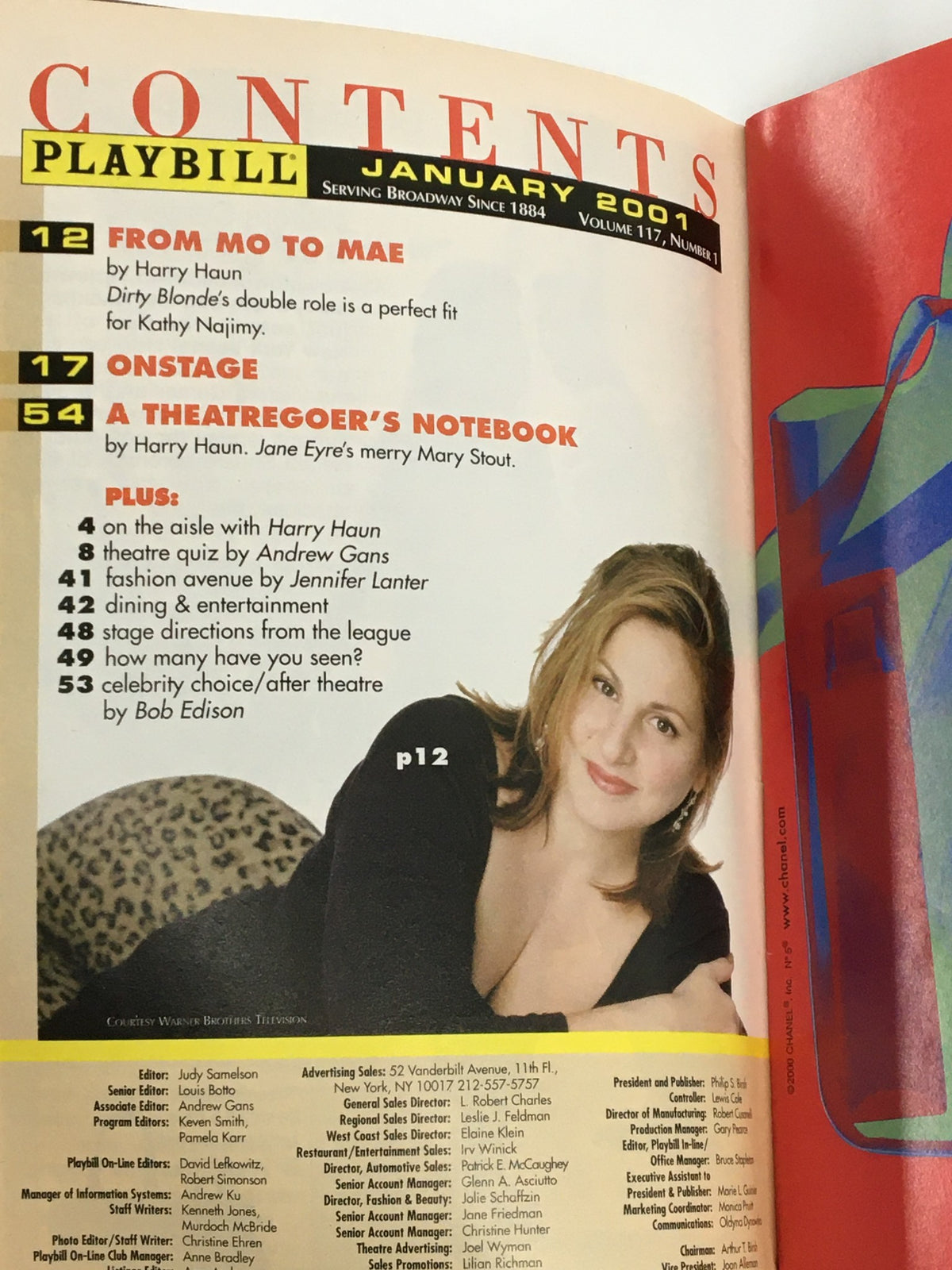 Inside the January 2001 Playbill from Royale Theatre, highlighting contents including articles and features related to Broadway performances.
