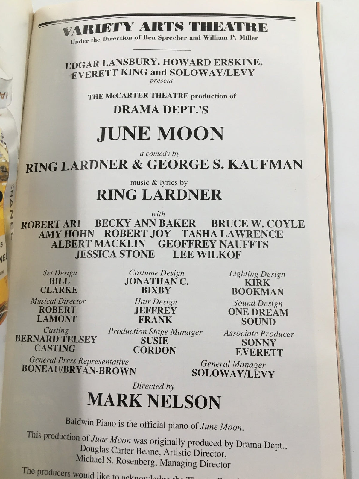 Cast and crew information page of the 1997 Playbill for June Moon, highlighting actors Robert Ari and Becky Ann Baker.