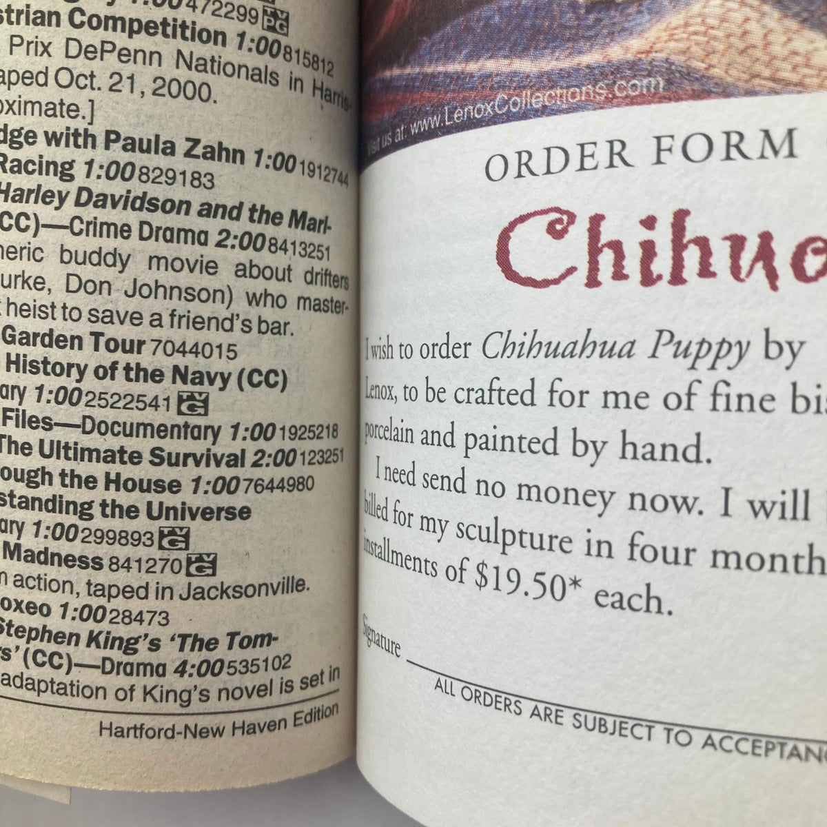 Inside page of TV Guide Magazine dated November 11, 2000, featuring an order form for a Chihuahua puppy and listings related to TV shows, from Hartford-New Haven edition. The layout presents typical magazine content from that era.