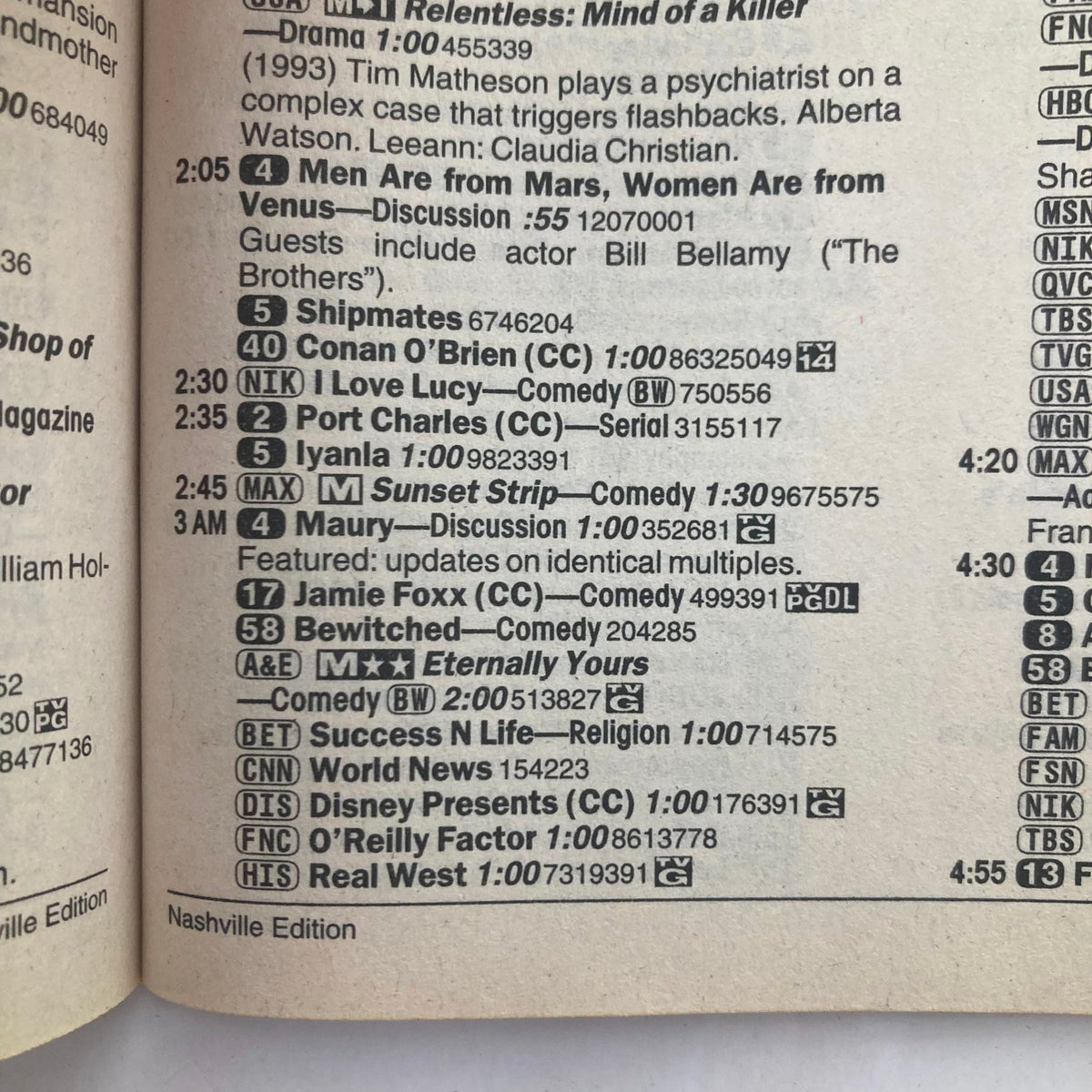 TV Guide Magazine September 15 2001 Nashville Edition showcasing the TV schedule, including shows like 'Men Are from Mars, Women Are from Venus' and 'Bewitched'.