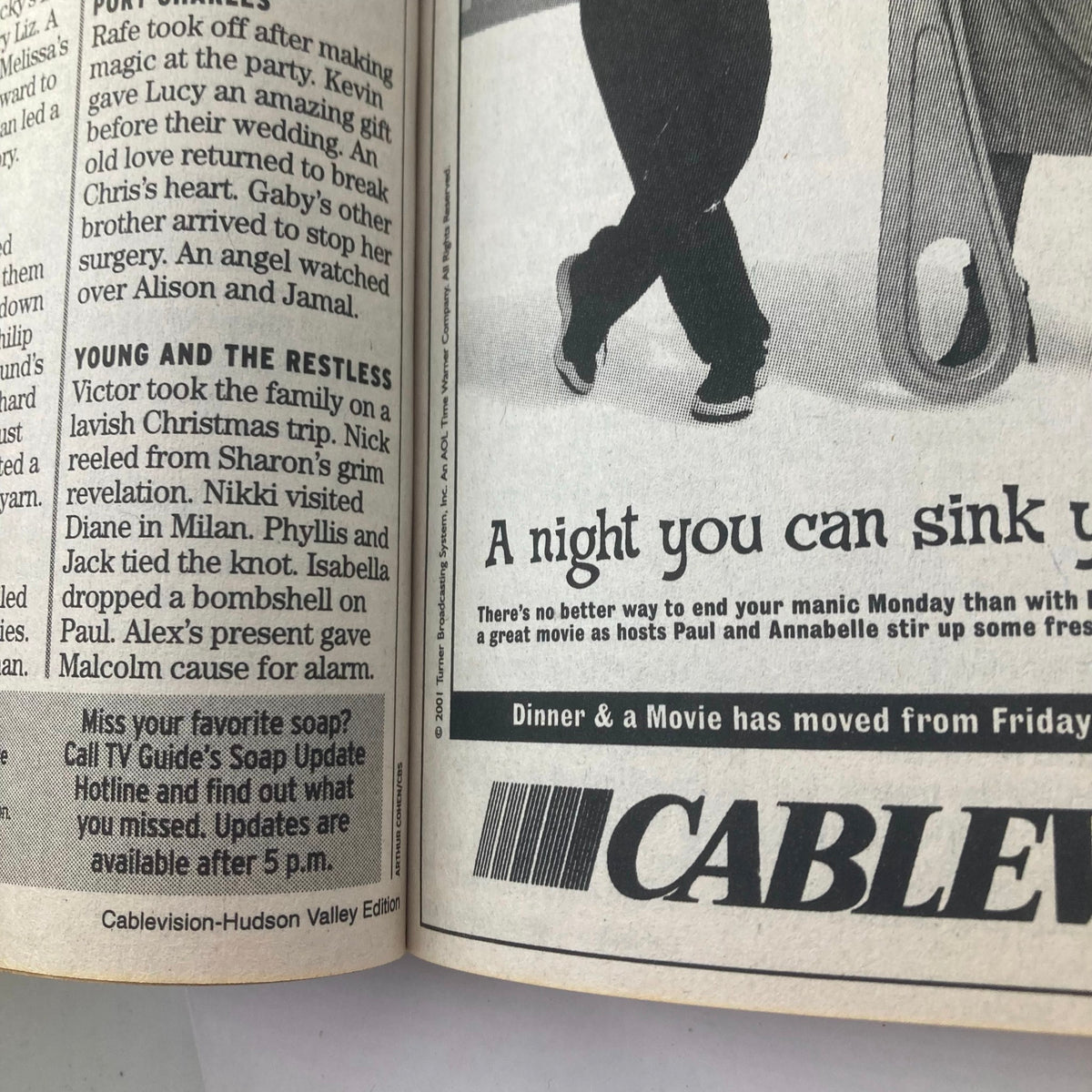 Page from TV Guide Magazine December 29 2001 featuring content related to 'Young and the Restless' and 'Dinner & A Movie', highlighting a Cablevision-Hudson Valley edition.