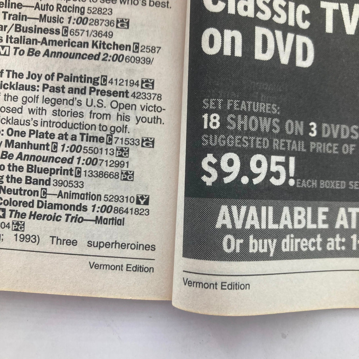 A close-up of a vintage TV Guide Magazine Pages detailing television shows on DVD, featuring the title 'TV Guide Magazine May 1 2005 Natalie Portman Vermont Ed. No Label'. The layout includes information about classic shows and indicates a retail price of $9.95, showcasing a piece of pop culture history from the mid-2000s.