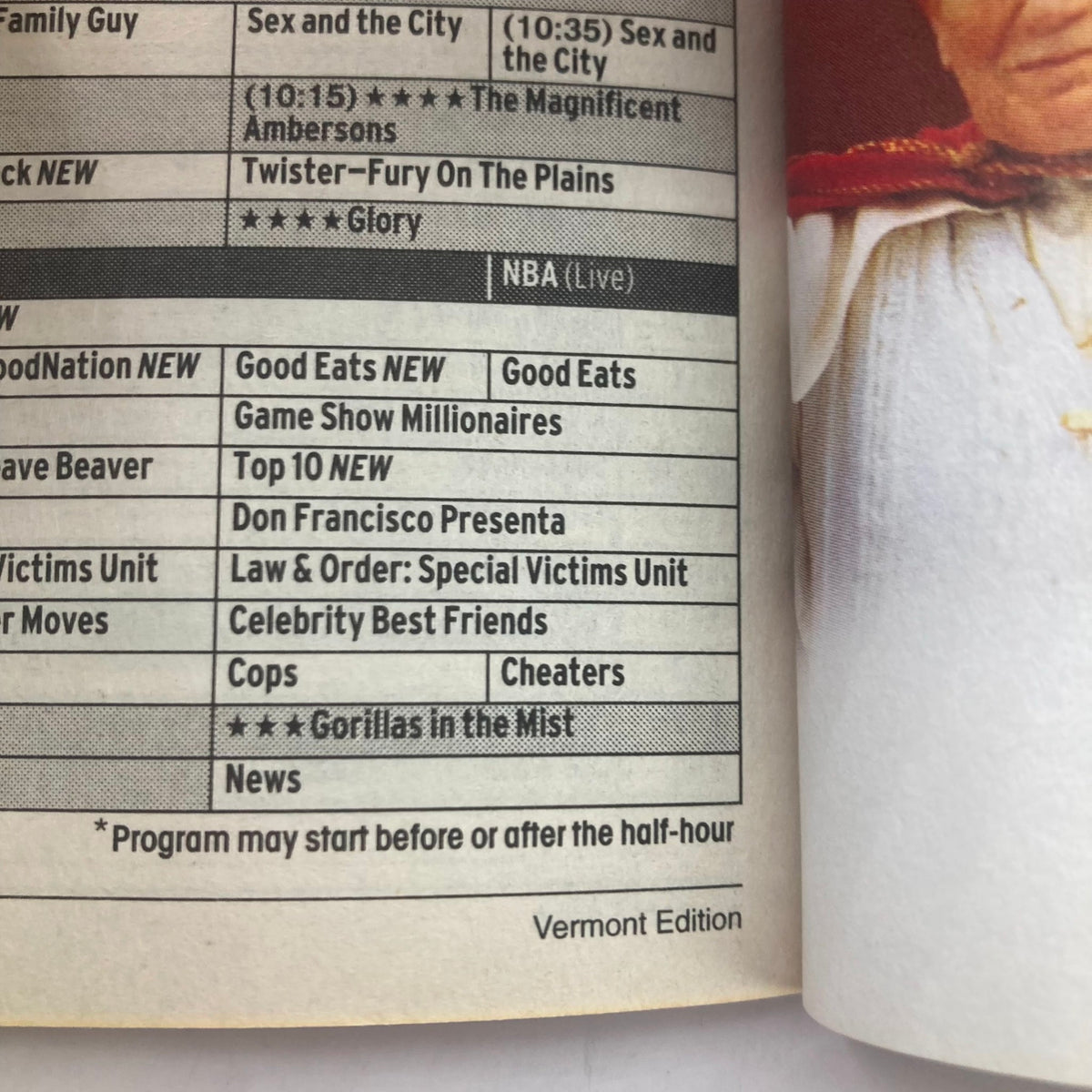 Inside page of TV Guide Magazine from May 1, 2005, highlighting various television listings, including popular shows and live broadcasts, part of the Darth Vader Star Wars Vermont Edition.