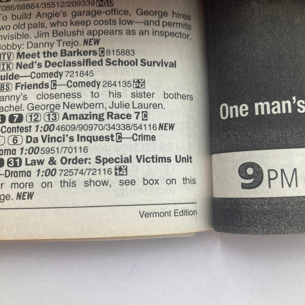 Inside page of TV Guide Magazine May 1 2005, highlighting the Vermont Edition with television listings including Law & Order and other shows for that evening.