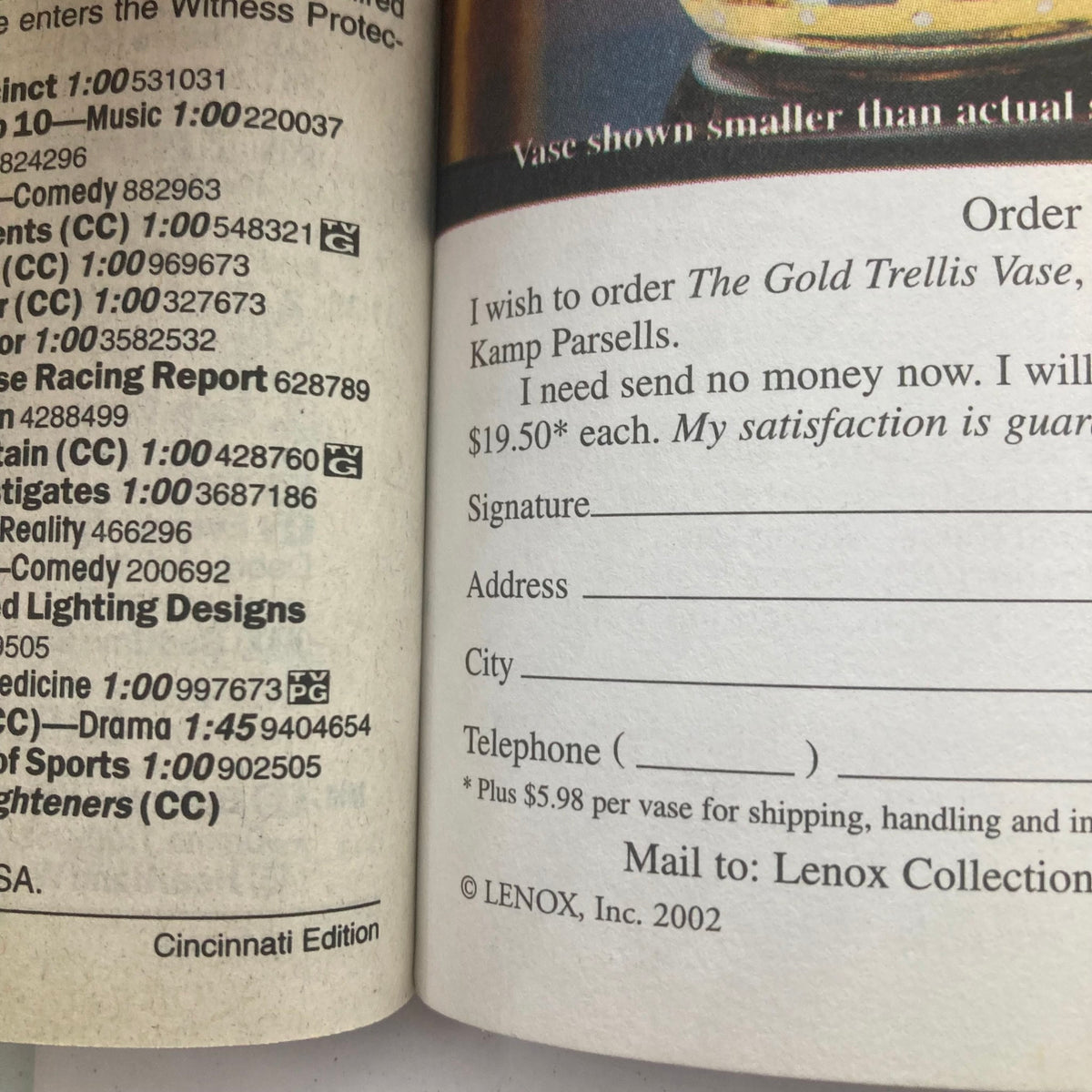 Interior page from TV Guide Magazine August 17 2002, displaying subscription order form details and advertisements. This Cincinnati Edition offers a glimpse into media from the early 2000s.