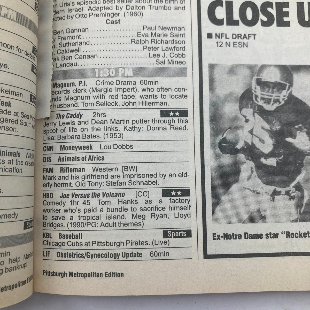 Interior page of TV Guide Magazine April 20 1991 displaying TV listings and programming highlights, including Magnum P.I. and Joe Versus the Volcano.