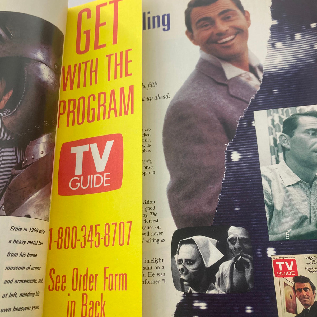 Interior image of TV Guide Magazine 1991 featuring the title 'GET WITH THE PROGRAM', showcasing a visual collage of TV personalities and advertisements, related to the commemorative edition for Lucy Ball's 2000th issue.
