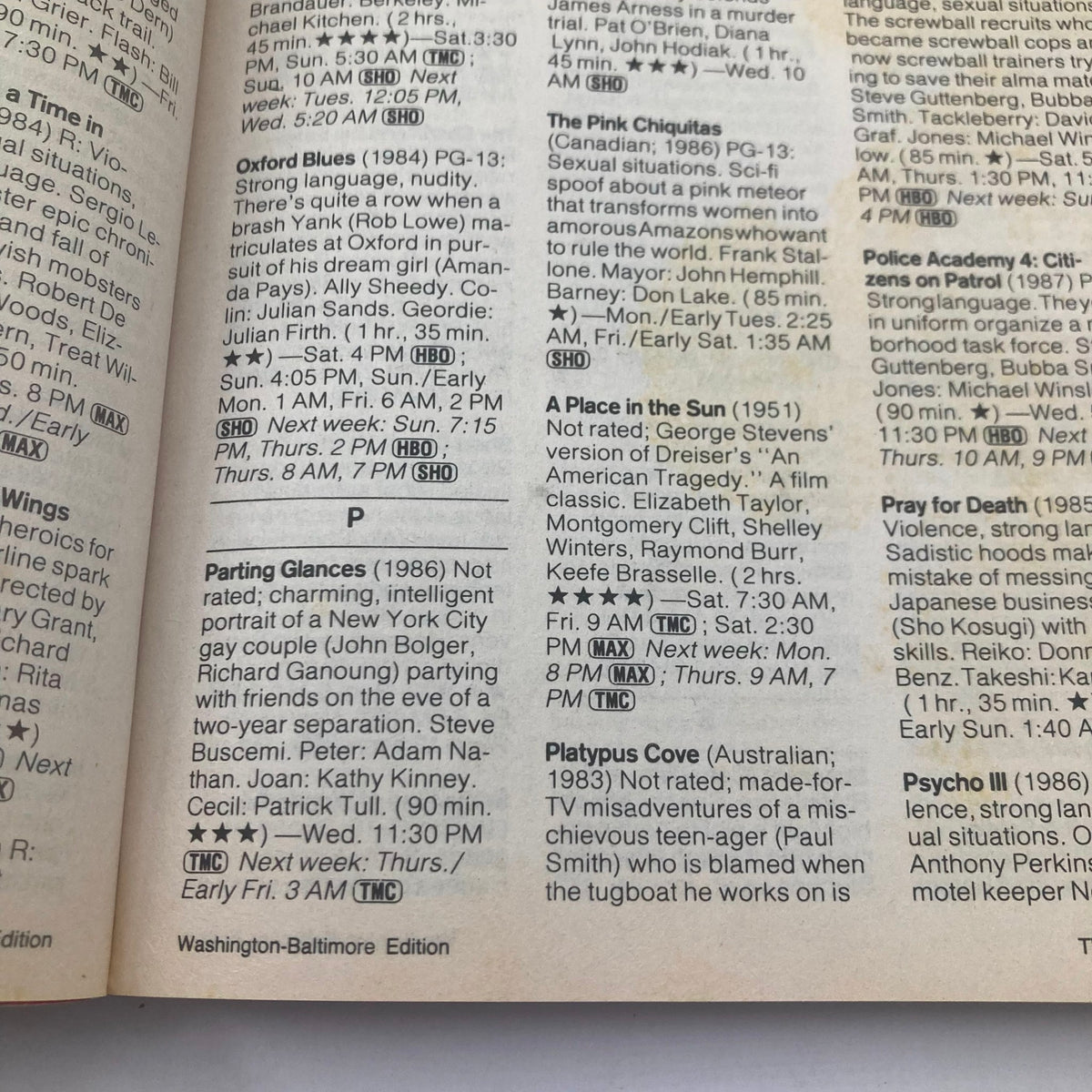 Inside page of TV Guide Magazine April 16 1988 showing the movie listings and television schedules, Washington-Baltimore Edition.