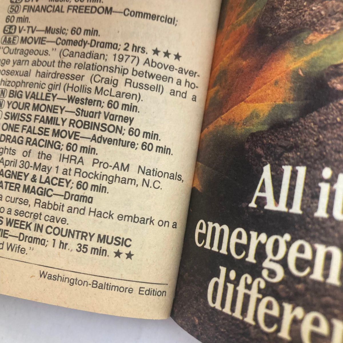 Interior page from TV Guide Magazine May 28 1988 showing programming details and film listings. Features shows such as 'Outrageous' and 'Swiss Family Robinson.' Provides insights into TV entertainment from 1988.